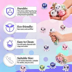 A graphic for a small plush squishy toy shown in multiple views, with hands holding the toy and several small character figures. The left side contains four feature callouts with icons: durable, eco-friendly, easy to clean, and suitable size.