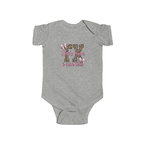 BABY CUSTOM GRAPHIC BODYSUIT - SHE'S FROM TX I CAN TELL LEOPARD AND PINK BOWS INFANT ONESIE Kids clothes