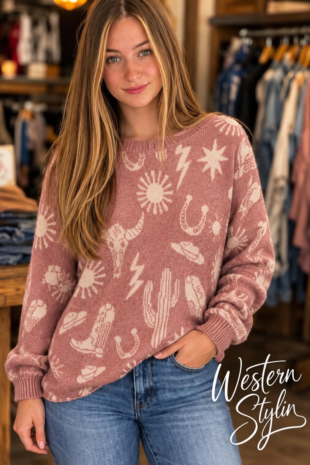WESTERN GRAPHIC ROUND NECK SWEATER TOP