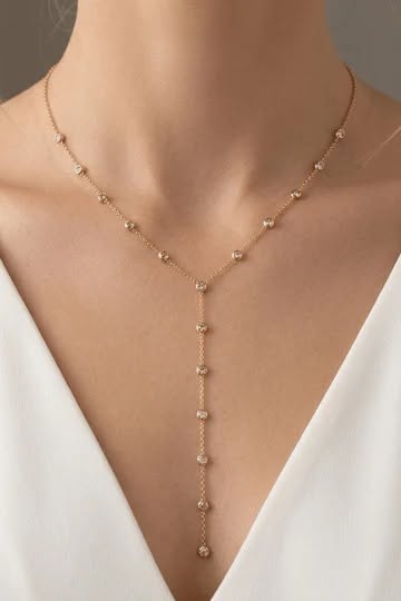 18K ZIRCON INLAY GOLD Y-LARIAT NECKLACE | WATERPROOF - NON-TARNISH - HYPOALLERGENIC Necklace