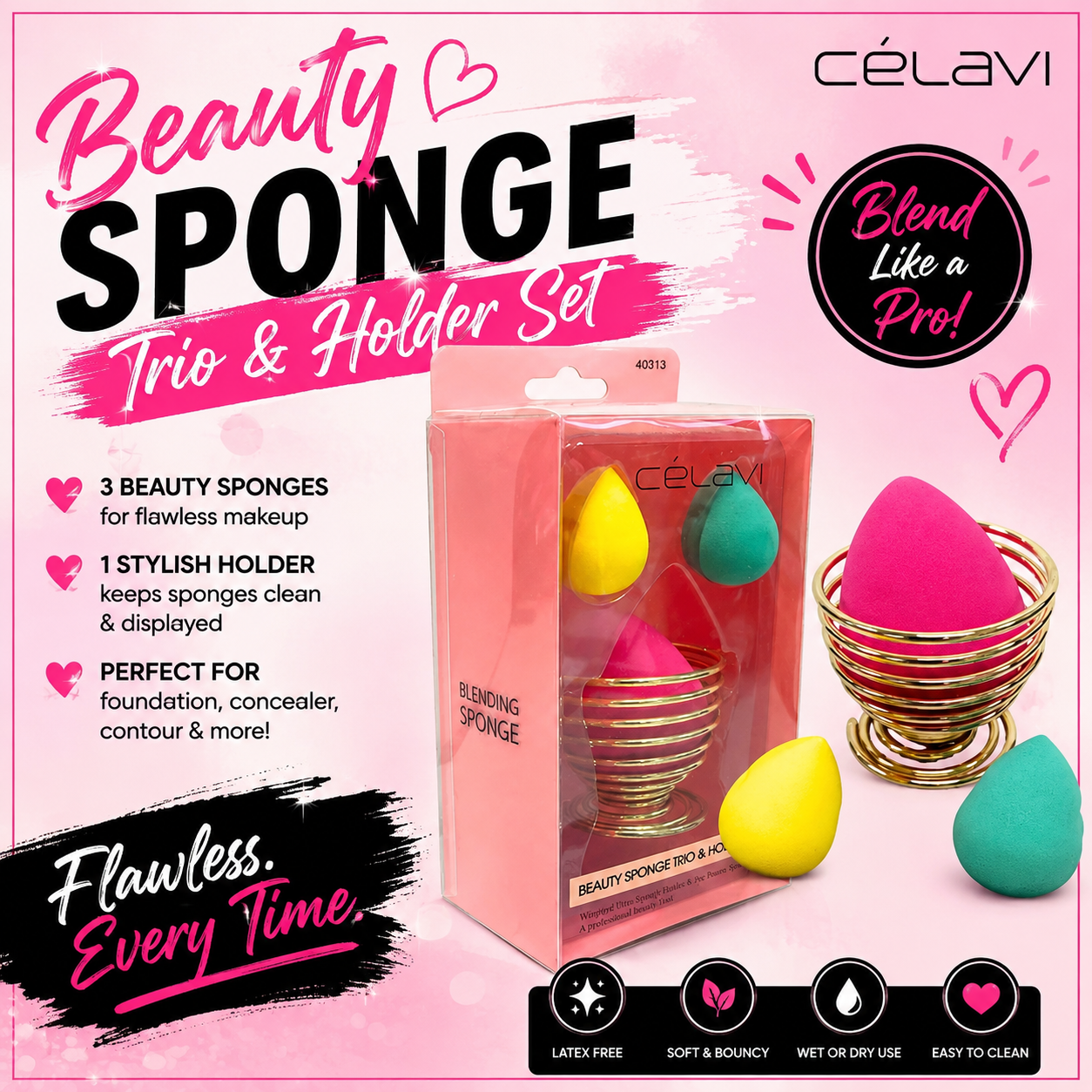 CELAVI BEAUTY SPONGE TRIO AND HOLDER SET