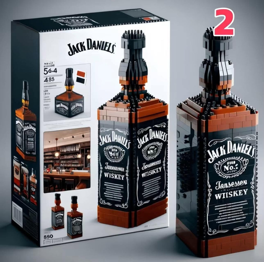 bottle model made of interlocking bricks next to its packaging.