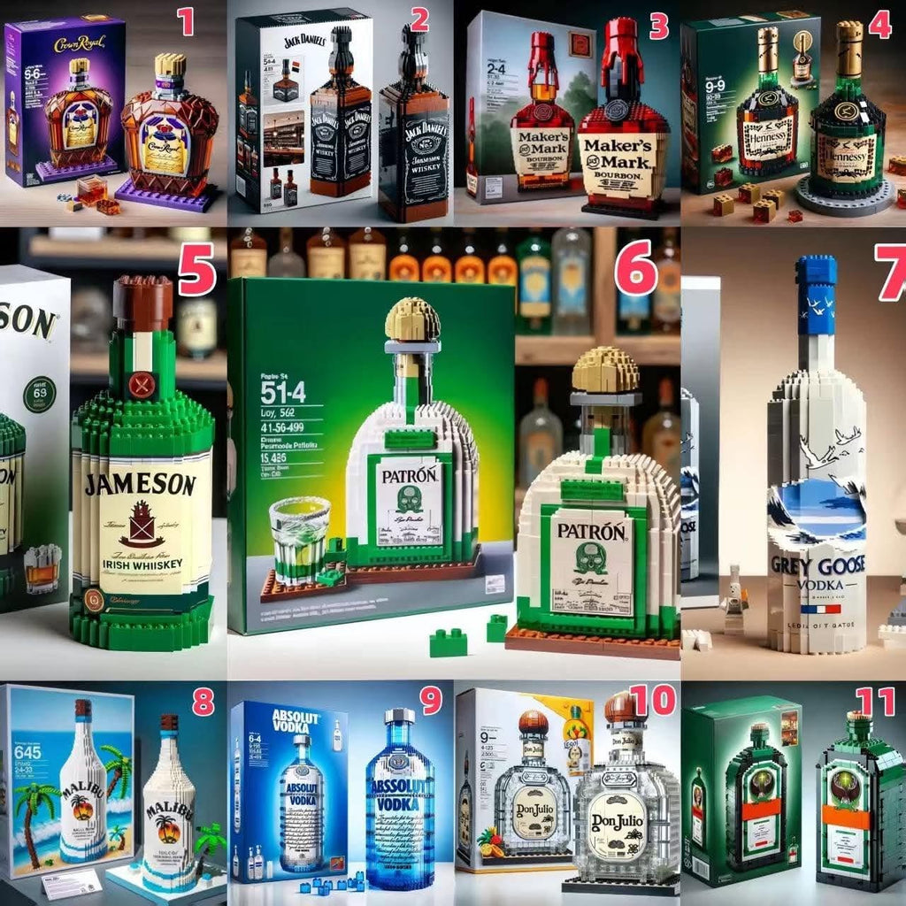A collage of 11 different building block sets of famous lbottles, numbered 1 to 11. The products include Jameson, Maker's Mark, Patrón, Grey Goose, and others, shown with their packaging boxes and assembled bottle models.