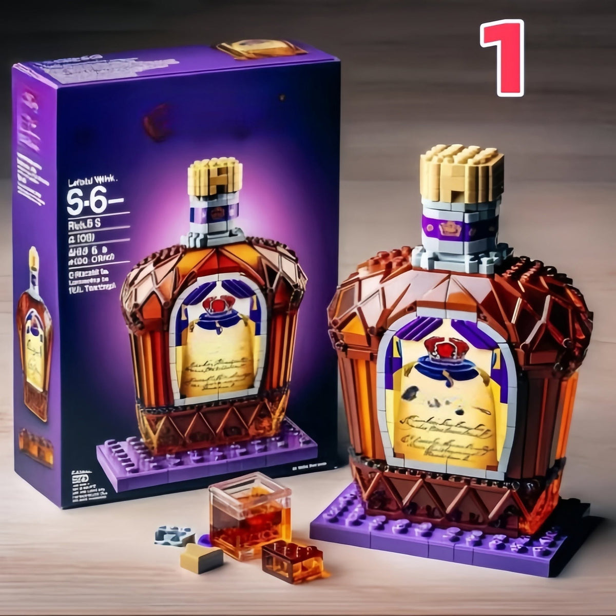 A building-block toy set shown with its retail box and assembled bottle model on a tabletop. The product appears to be a whiskey-bottle-shaped construction set with a purple base, amber and brown faceted bottle body, gold cap details, and a printed label.