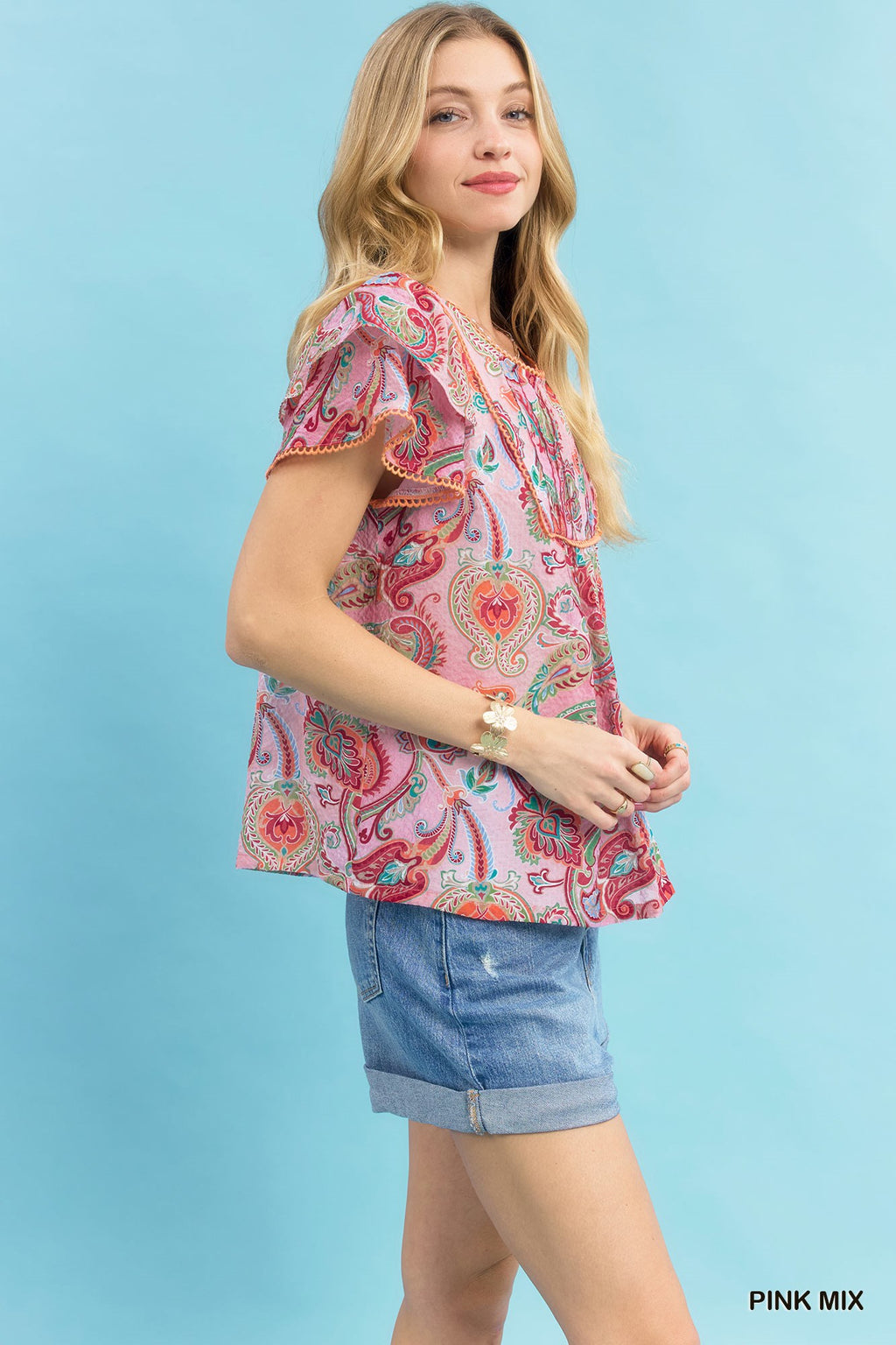 UMGEE MIX PAISLEY RUFFLE SLEEVE TOP Tops