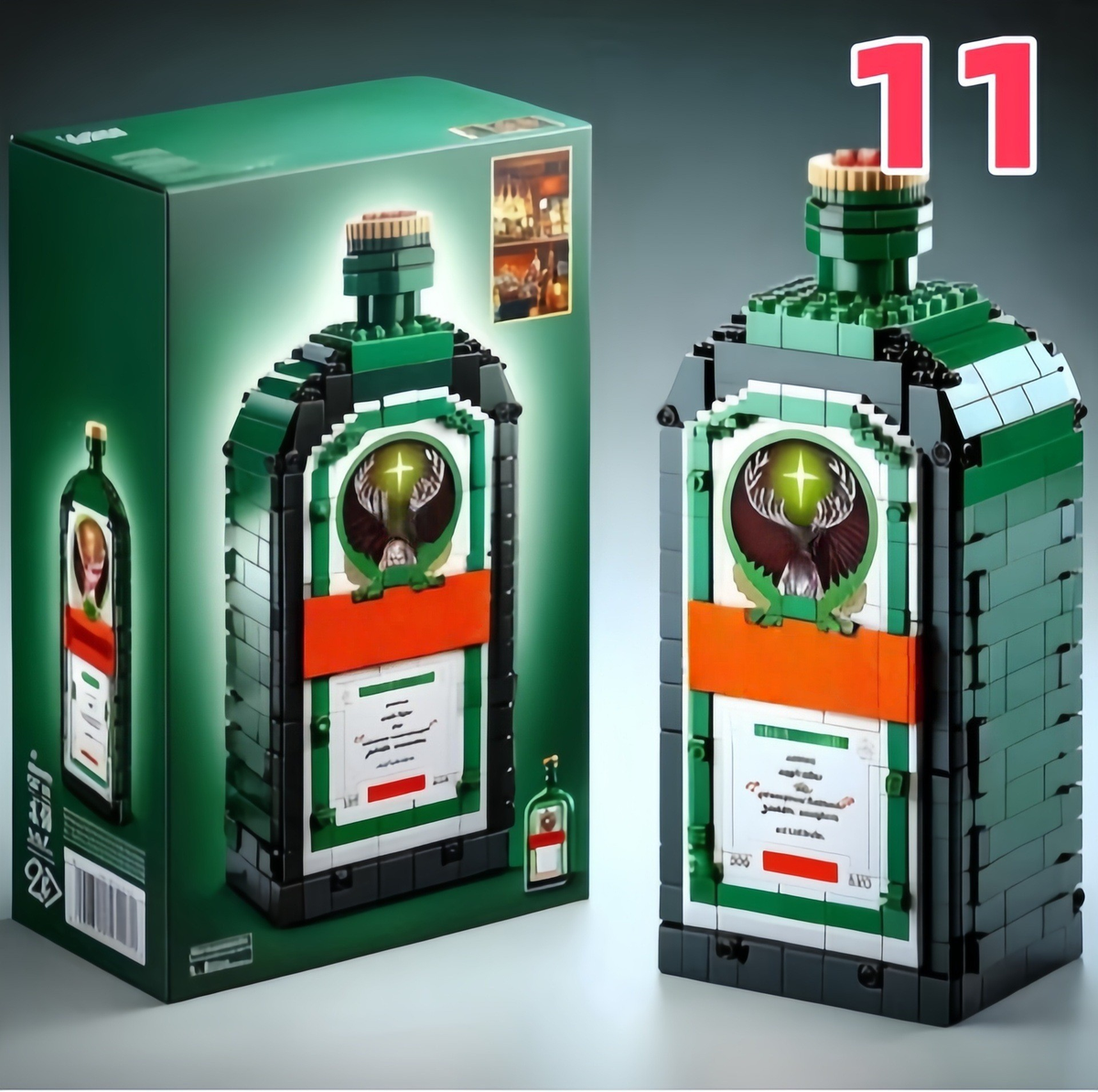 A green and black building-block replica of a bottle shown next to its retail box, with a large red '11' overlay in the top right on a dark gradient background.