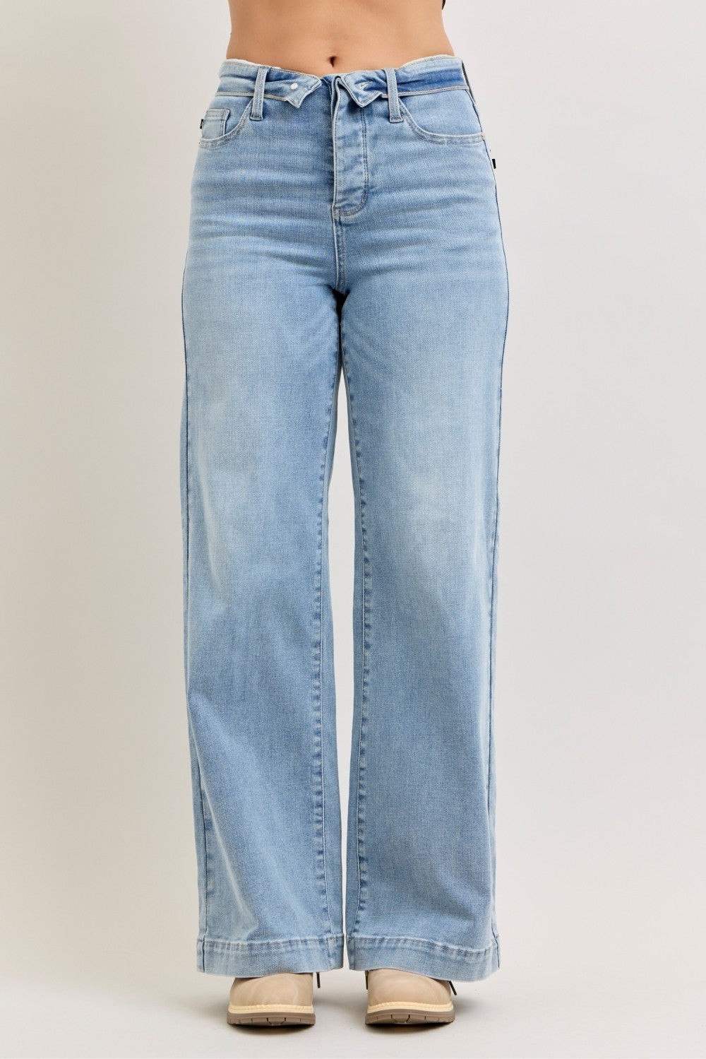 JUDY BLUE MID RISE RETRO WIDE LEG JEANS WITH FOLD-OVER WAISTBAND Judy Blue Denim