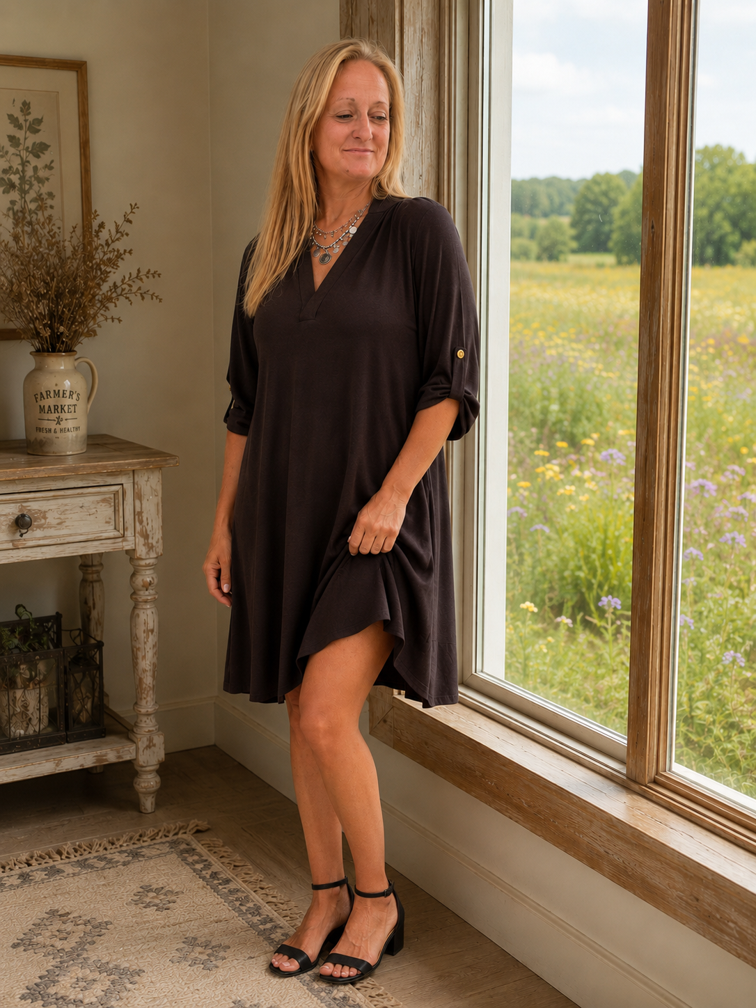 THREE-QUARTER ROLL UP BUTTON SLEEVE COLLARED BLACK DRESS DRESS