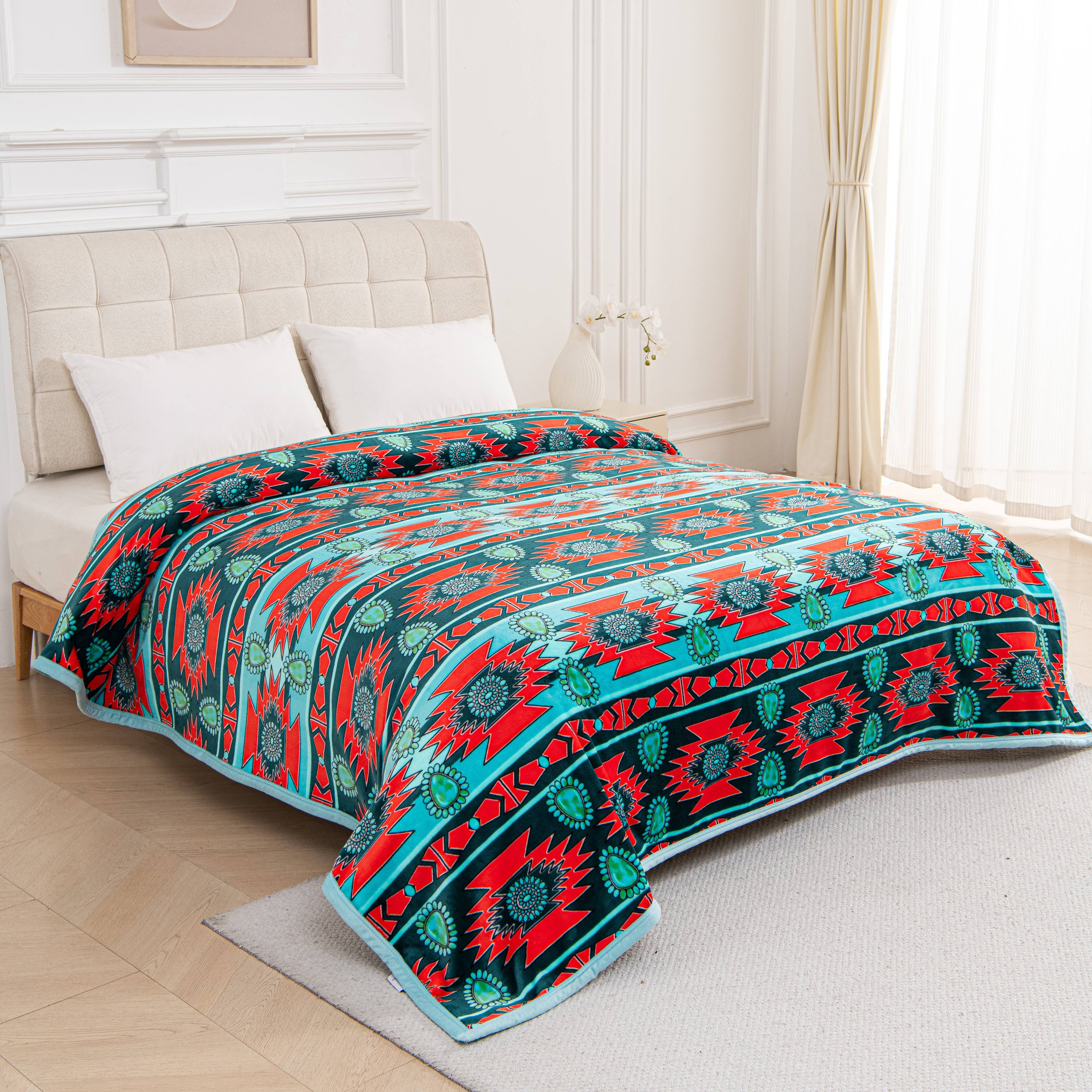 Teal & Red Southwest Concho King Size Super Plush Blanket