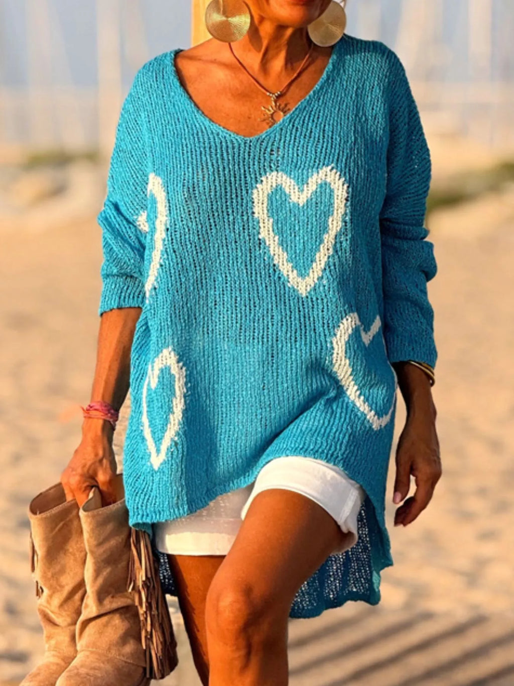 HEART V-NECK DROPPED SHOULDER SWEATER Sweaters
