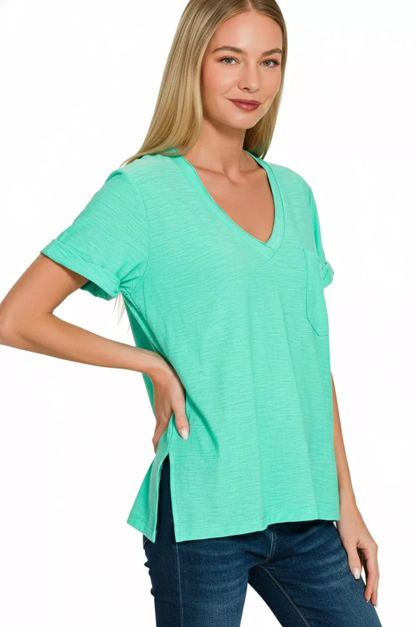 ZENANA SLUB ROLLED SHORT SLEEVE V-NECK TEE Tops
