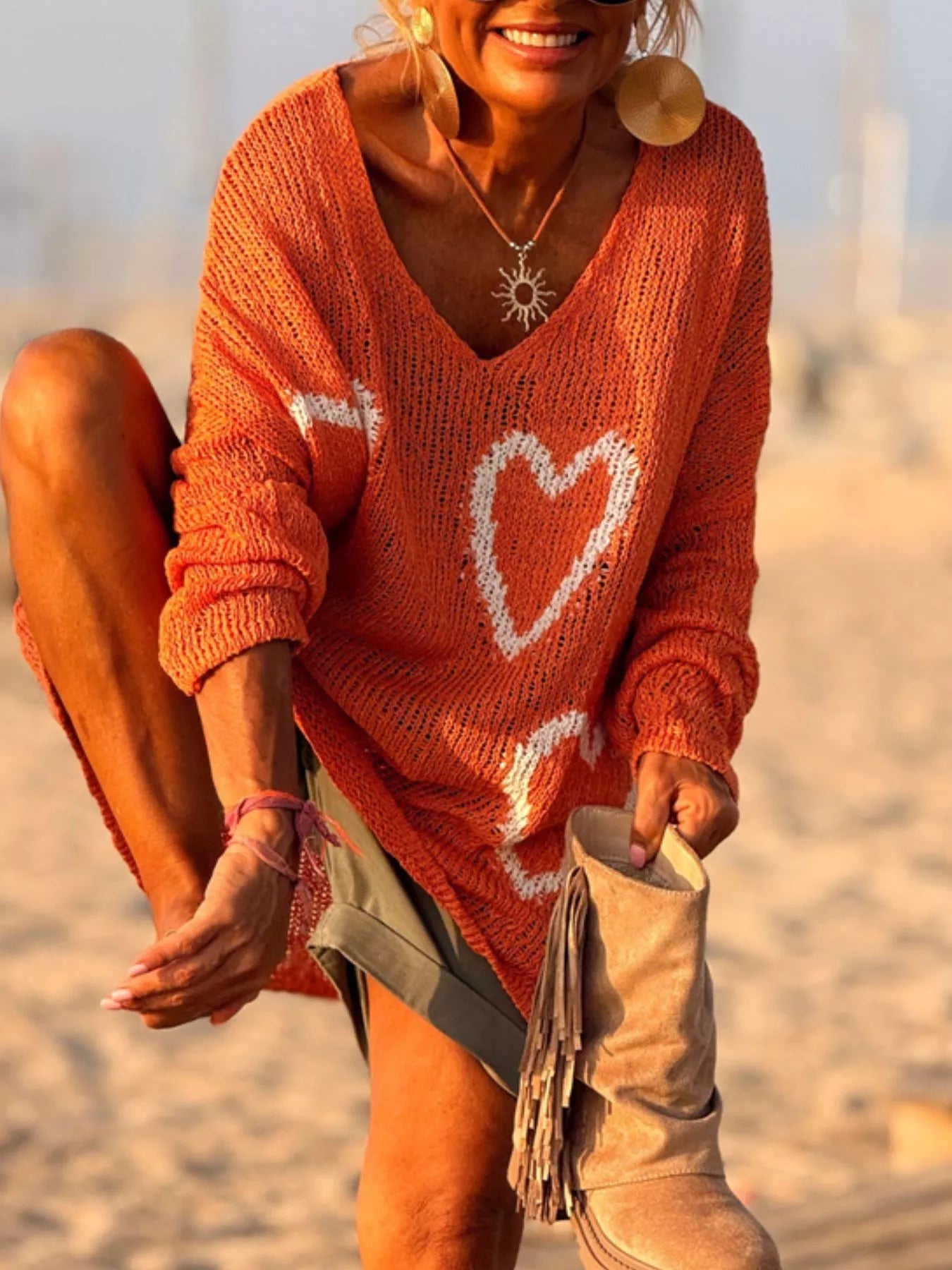 HEART V-NECK DROPPED SHOULDER SWEATER Sweaters
