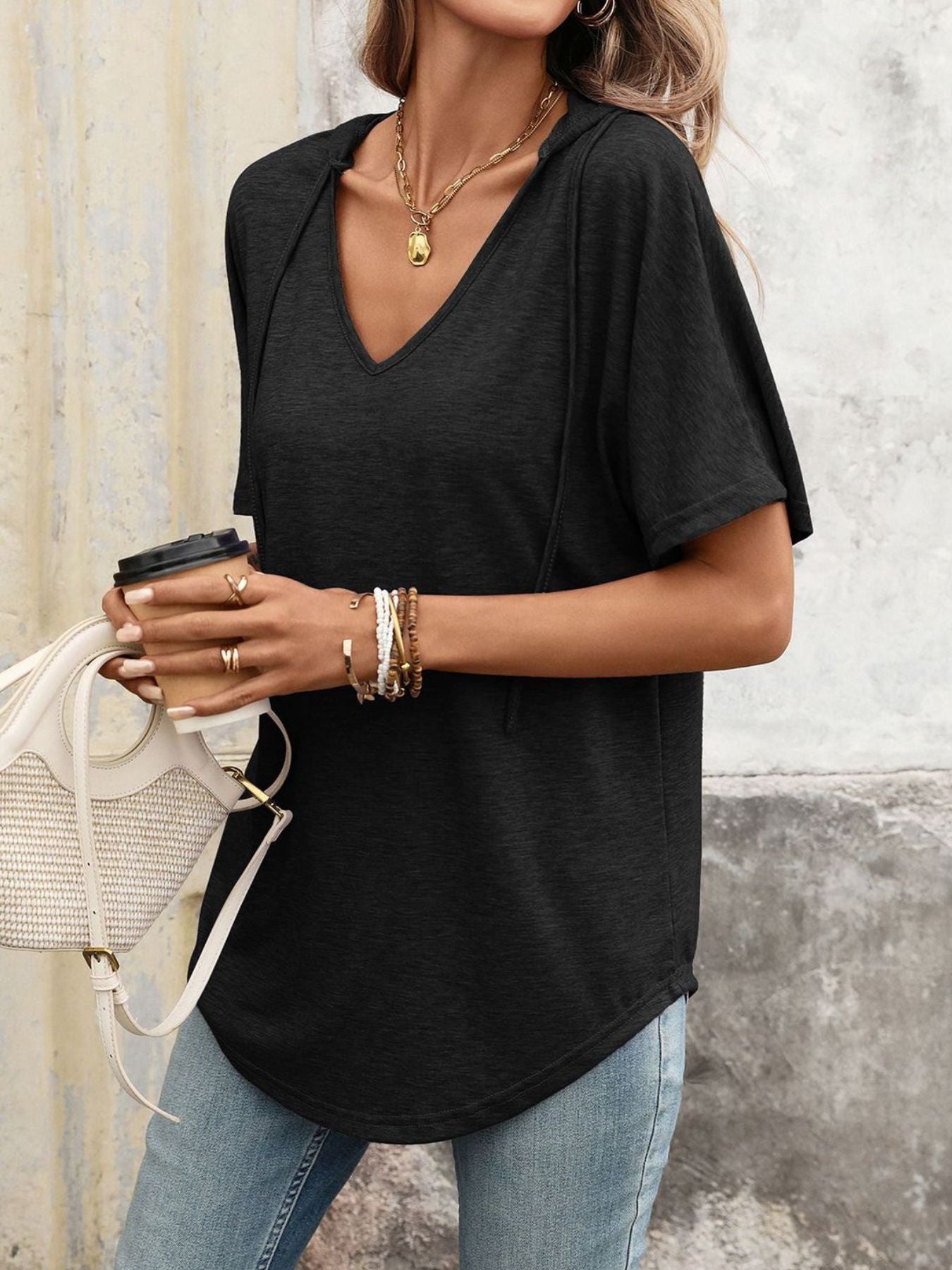 CASUAL SHORT SLEEVE HOODED T-SHIRT Tops