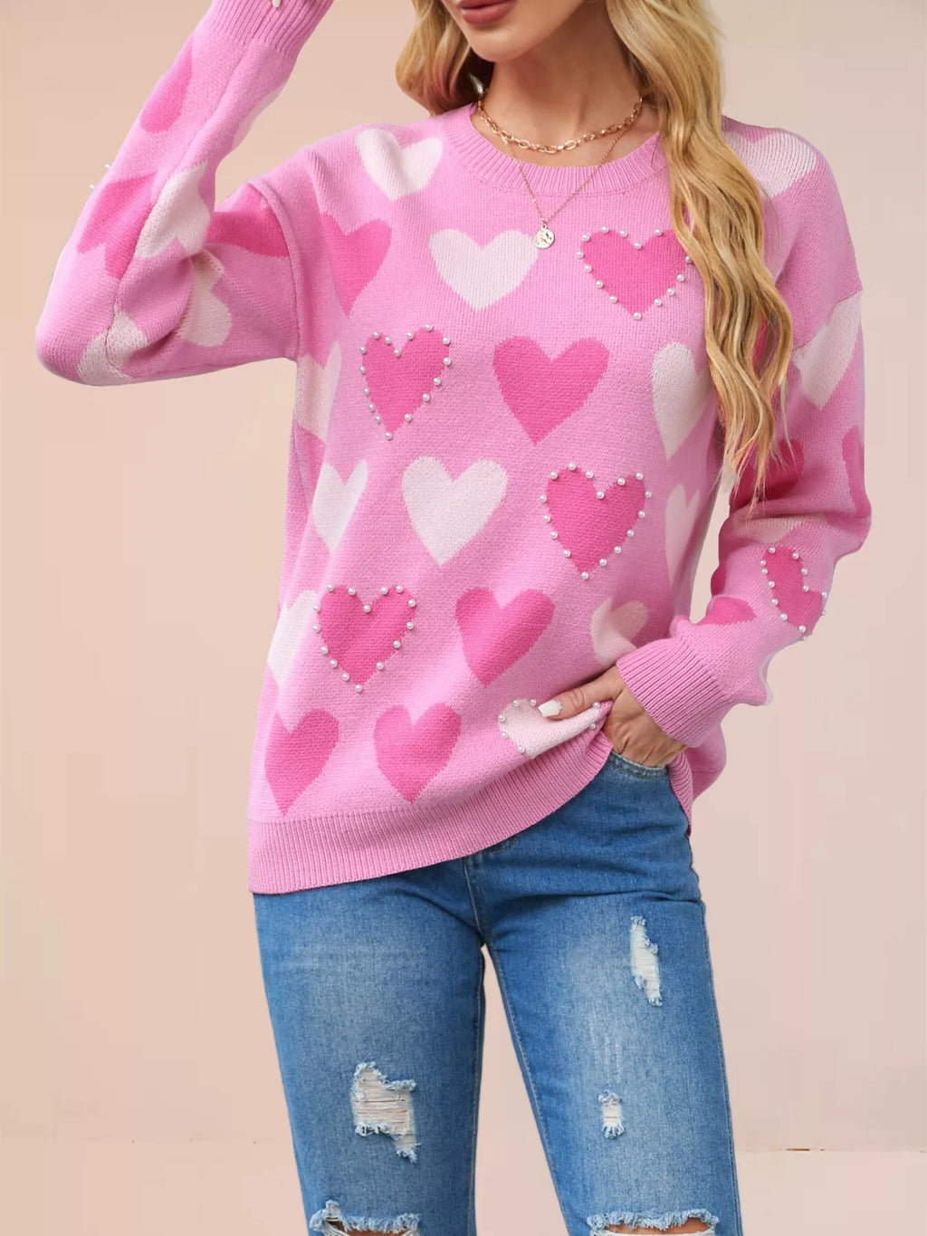 HEART PATTERN BEADED ROUND NECK SWEATER Sweaters