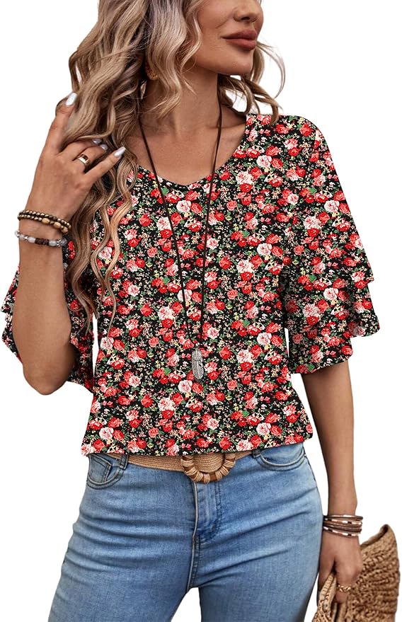 THE ELIZABETH RUFFLE SLEEVE V-NECK TOP - SO FLATTERING!