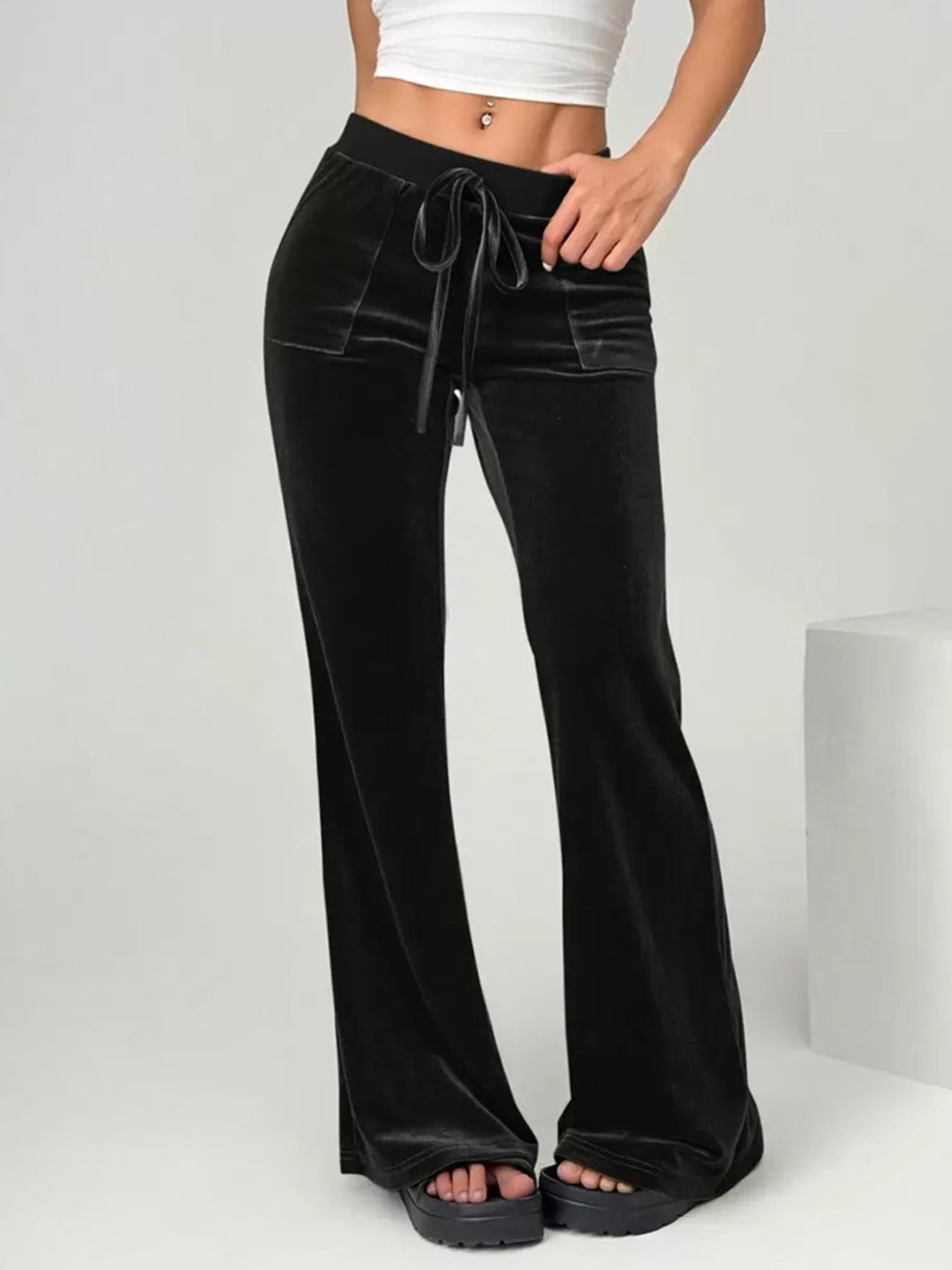 Velvet Flare Pants with Drawstring