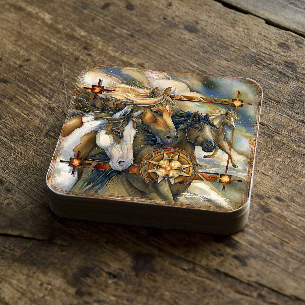 Wild Horses Wooden Cork Coasters Gift Set of 4 by J. Bergsma - Wildlife Décor - 8199474C-S4 Coasters