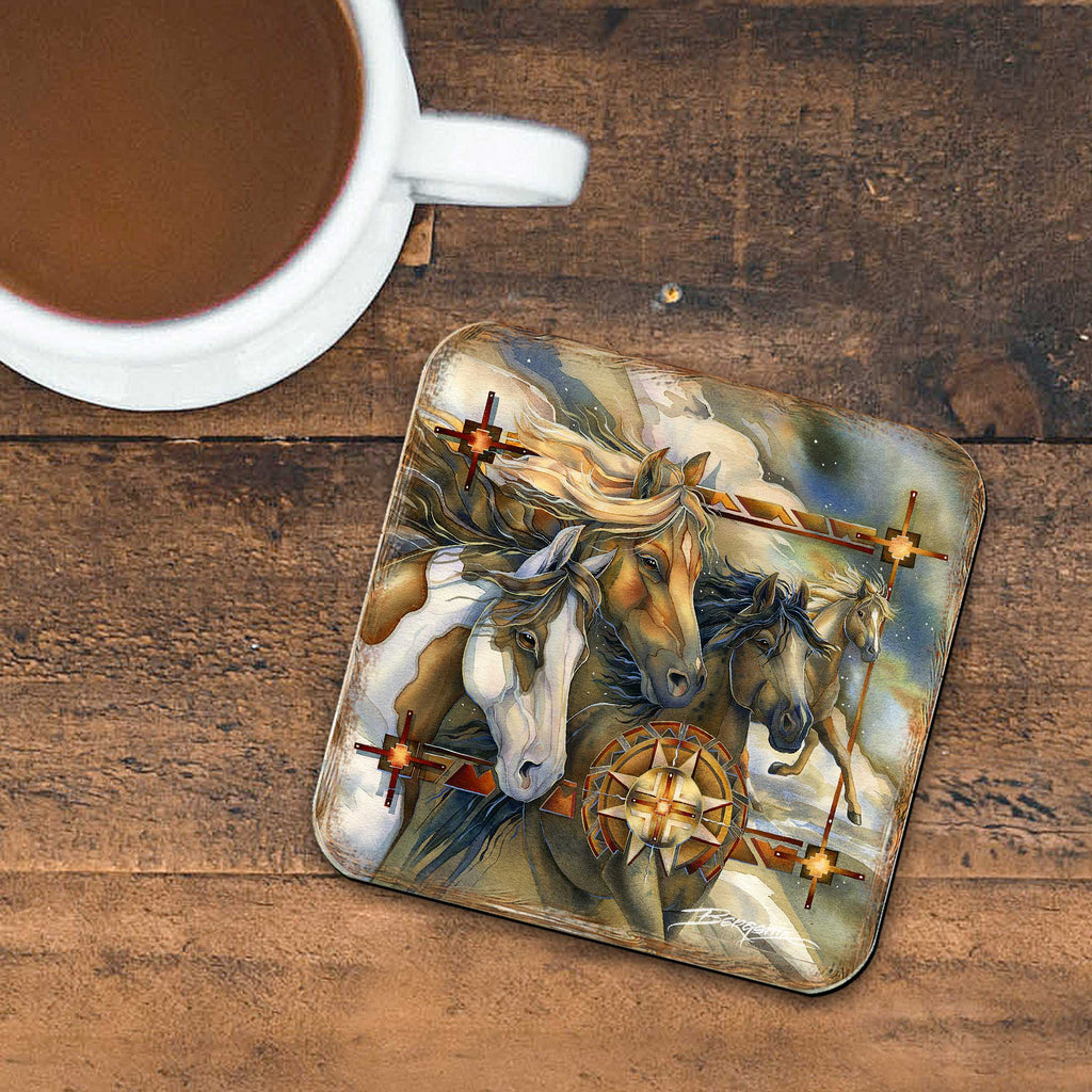 Wild Horses Wooden Cork Coasters Gift Set of 4 by J. Bergsma - Wildlife Décor - 8199474C-S4 Coasters