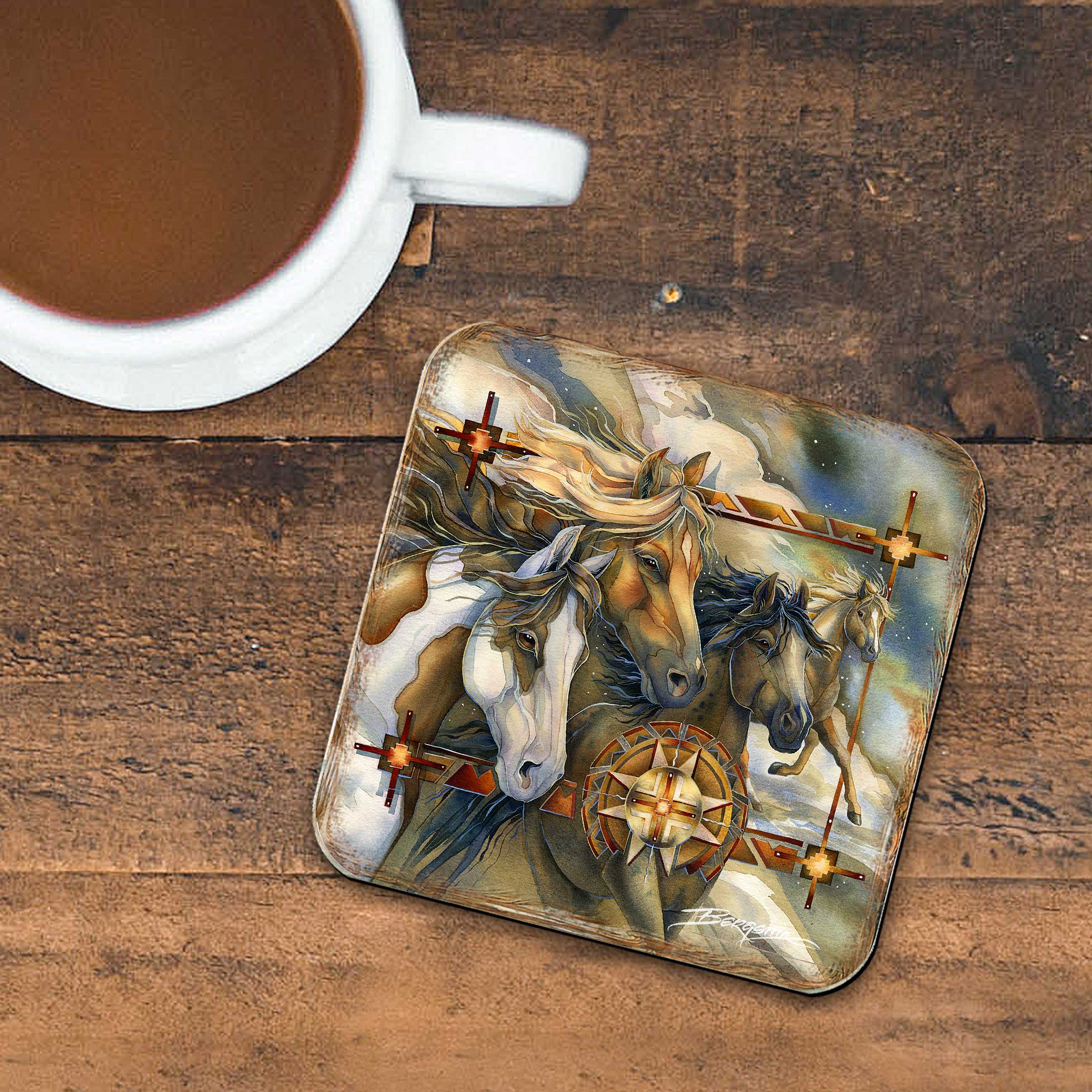 Wild Horses Wooden Cork Coasters Gift Set of 4 by J. Bergsma - Wildlife Décor - 8199474C-S4 Coasters