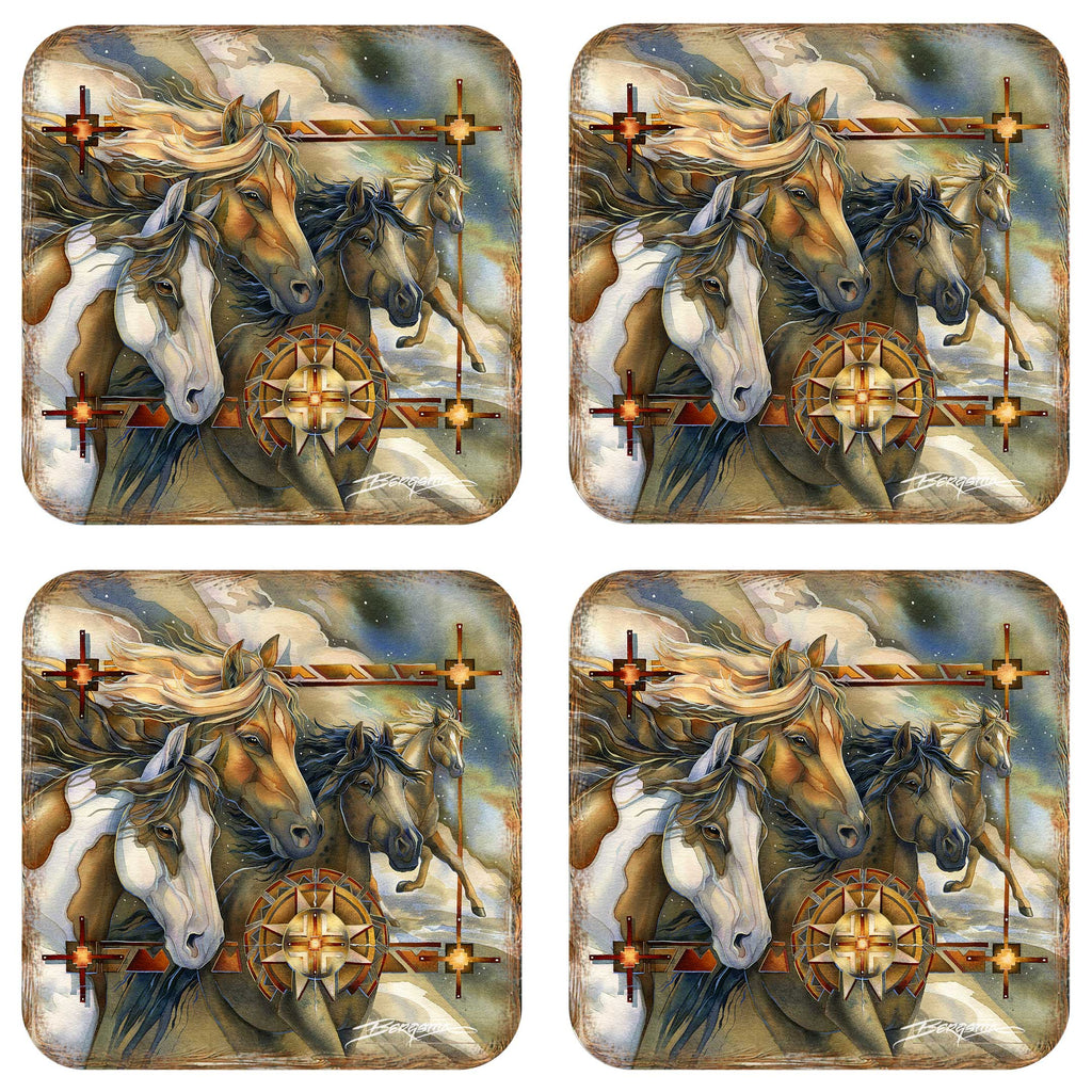 Wild Horses Wooden Cork Coasters Gift Set of 4 by J. Bergsma - Wildlife Décor - 8199474C-S4 Coasters