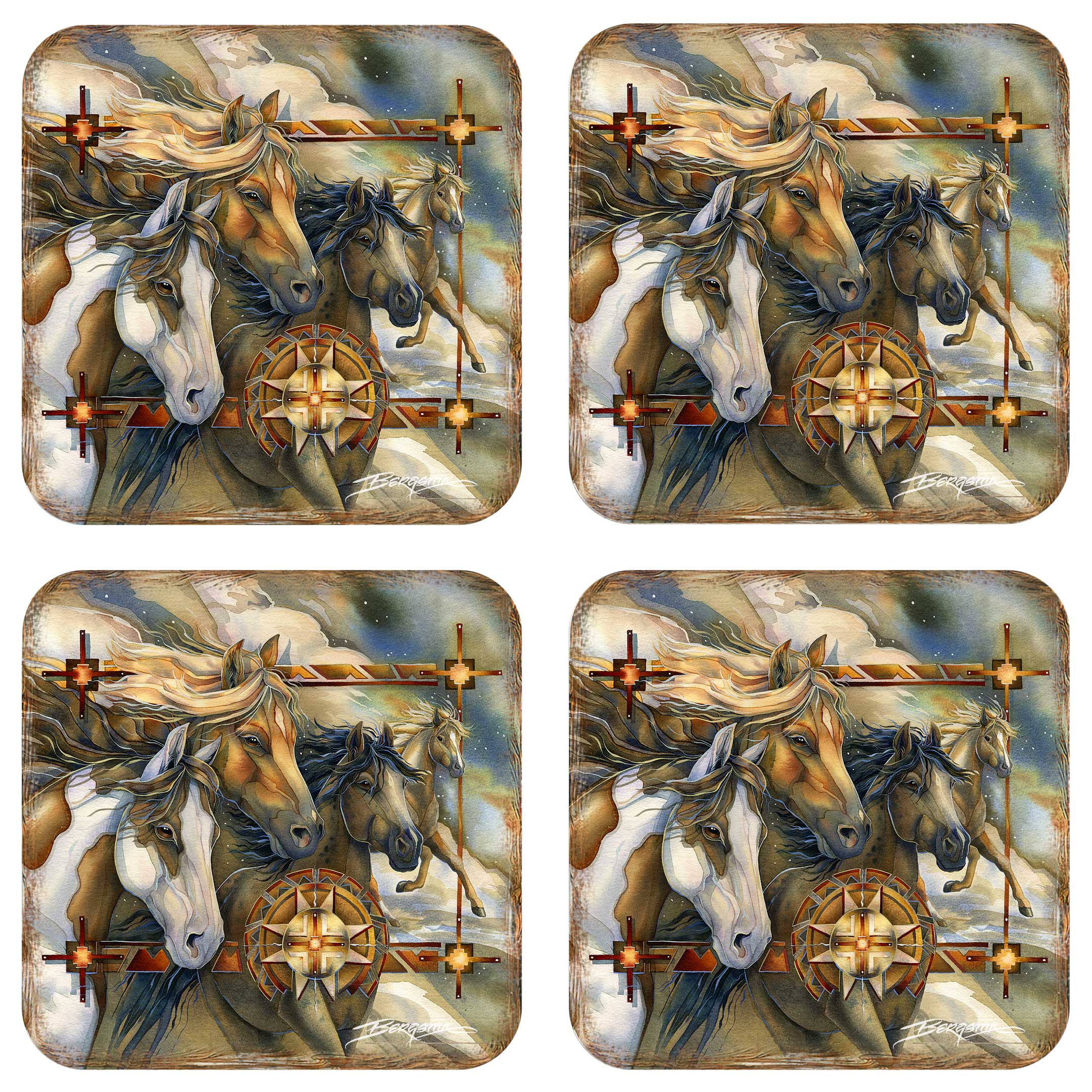 Wild Horses Wooden Cork Coasters Gift Set of 4 by J. Bergsma - Wildlife Décor - 8199474C-S4 Coasters