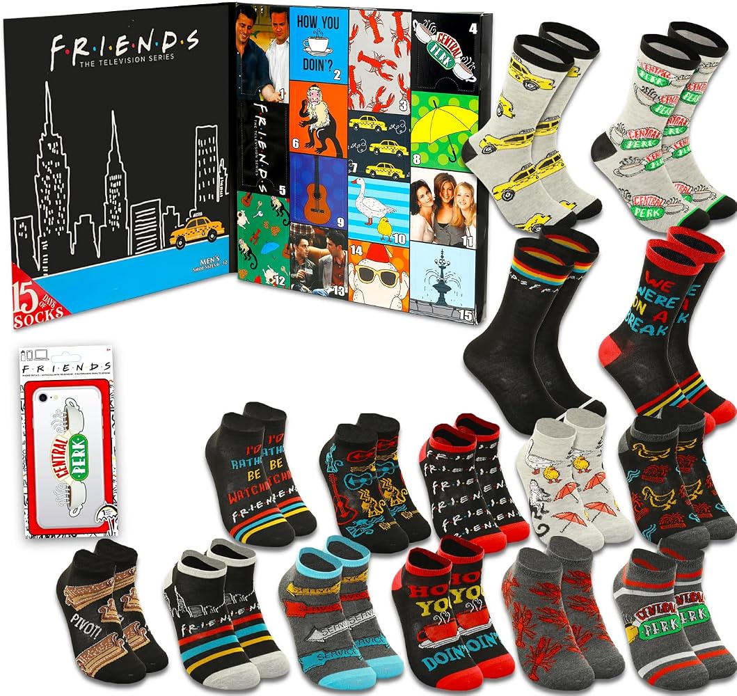A collection of Friends-themed socks displayed alongside their packaging, including a black cityscape box, a colorful collage card, a small package of ATX socks, and multiple pairs of crew and ankle socks featuring characters and logos from the TV show.