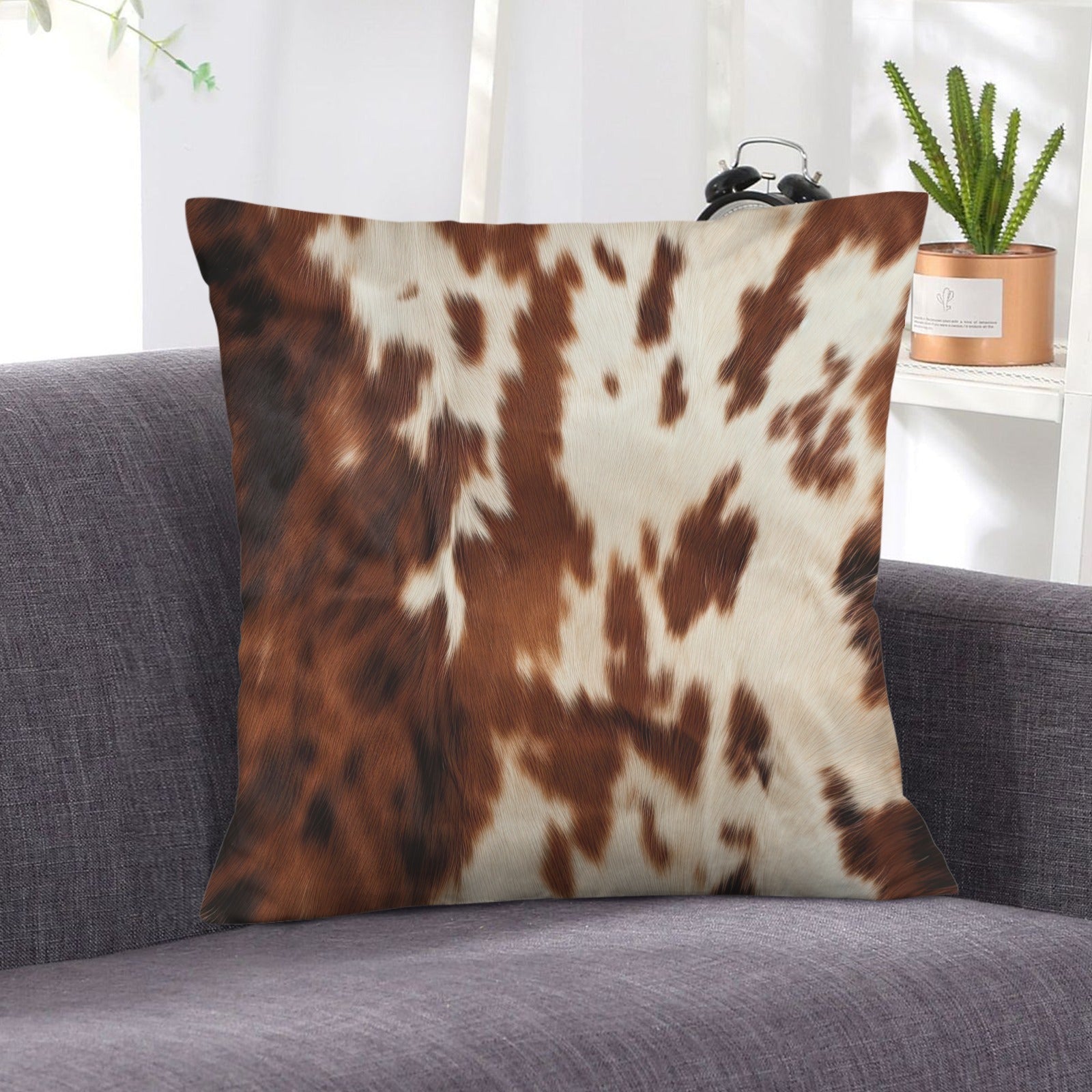 Brown Cow Hide Print Velvety Soft Throw Pillow Case Made in America Pillow Cases