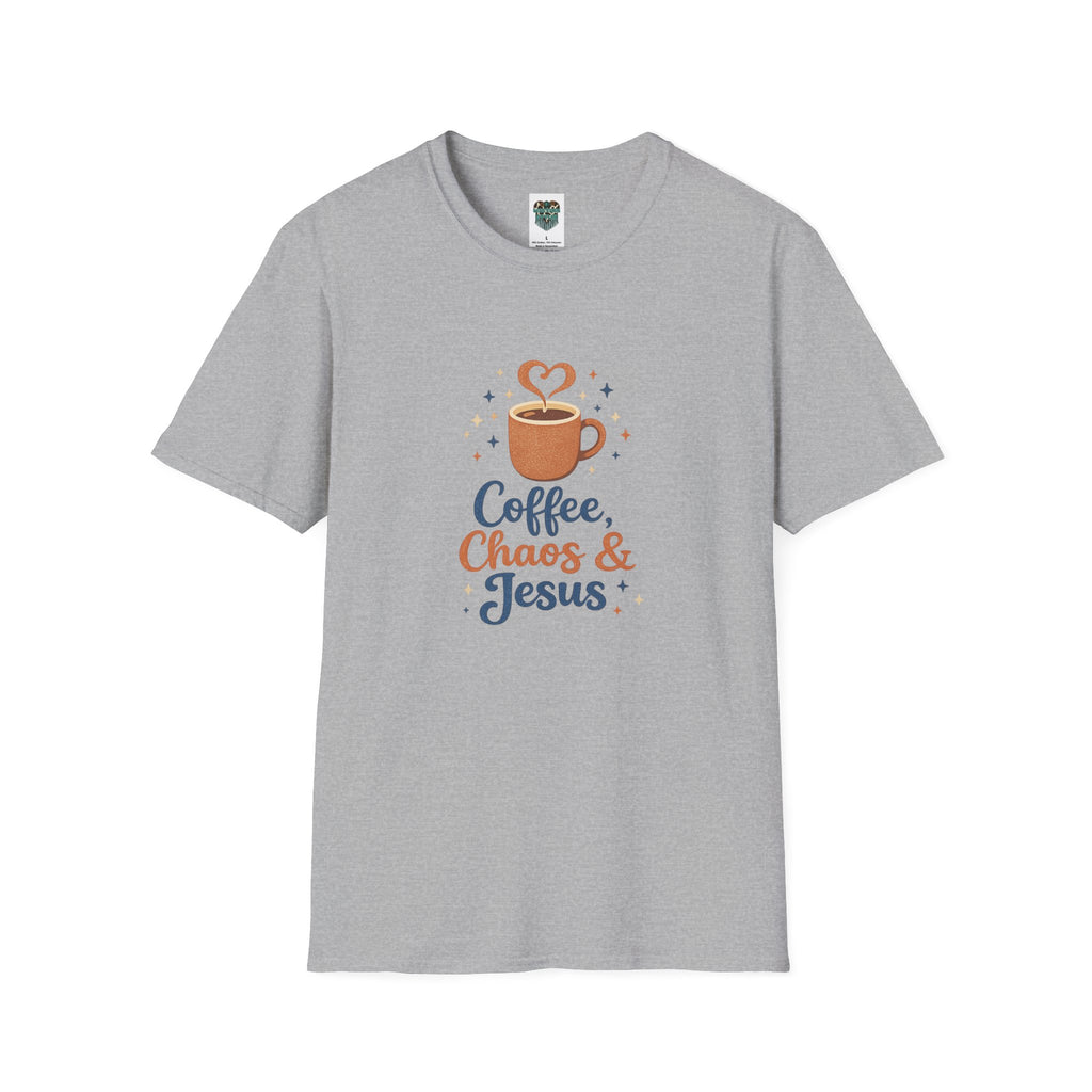 A light gray heather crewneck t-shirt featuring a graphic print of a coffee cup with a heart-shaped steam and the text 'Coffee, Chaos & Jesus' in blue and orange lettering.