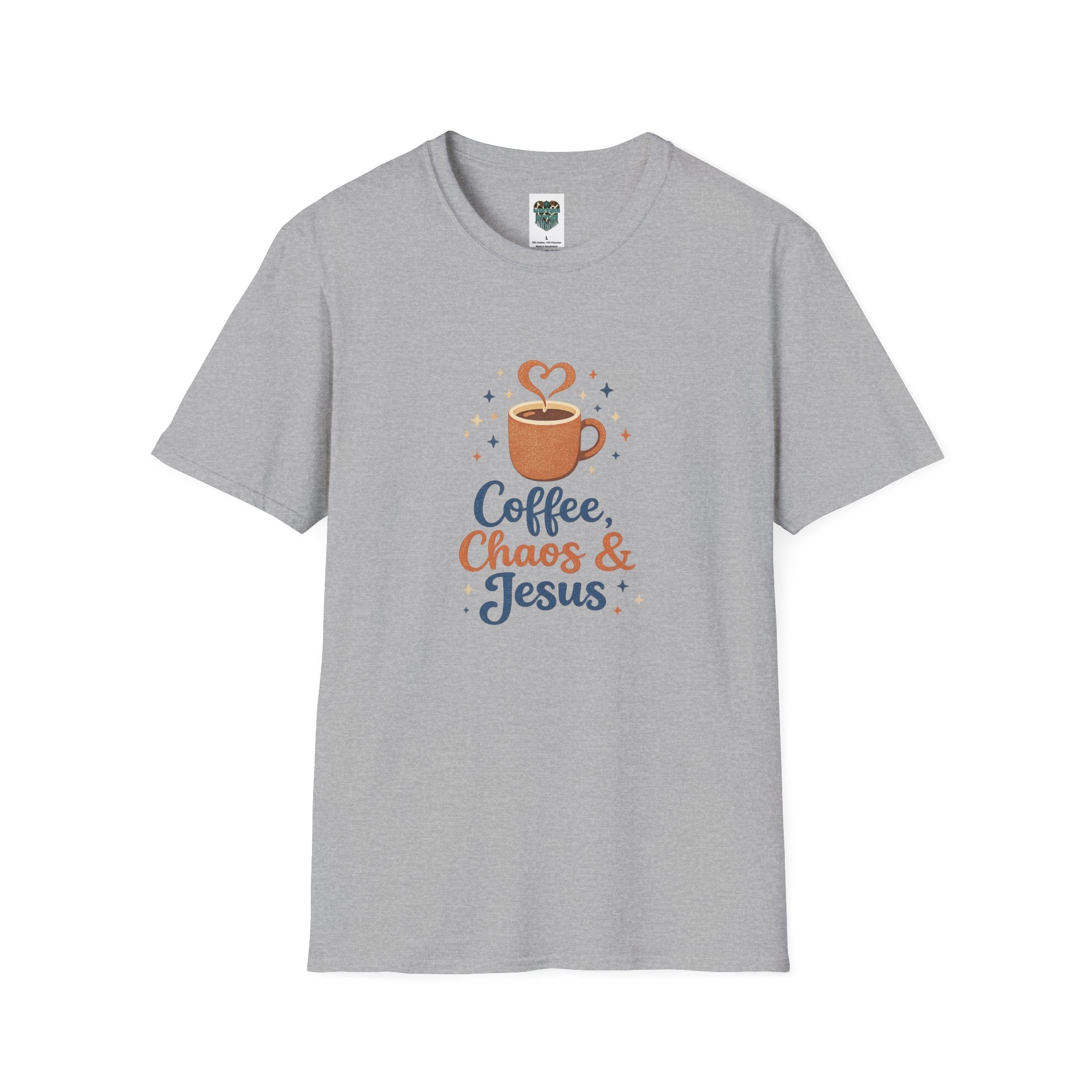 A light gray heather crewneck t-shirt featuring a graphic print of a coffee cup with a heart-shaped steam and the text 'Coffee, Chaos & Jesus' in blue and orange lettering.