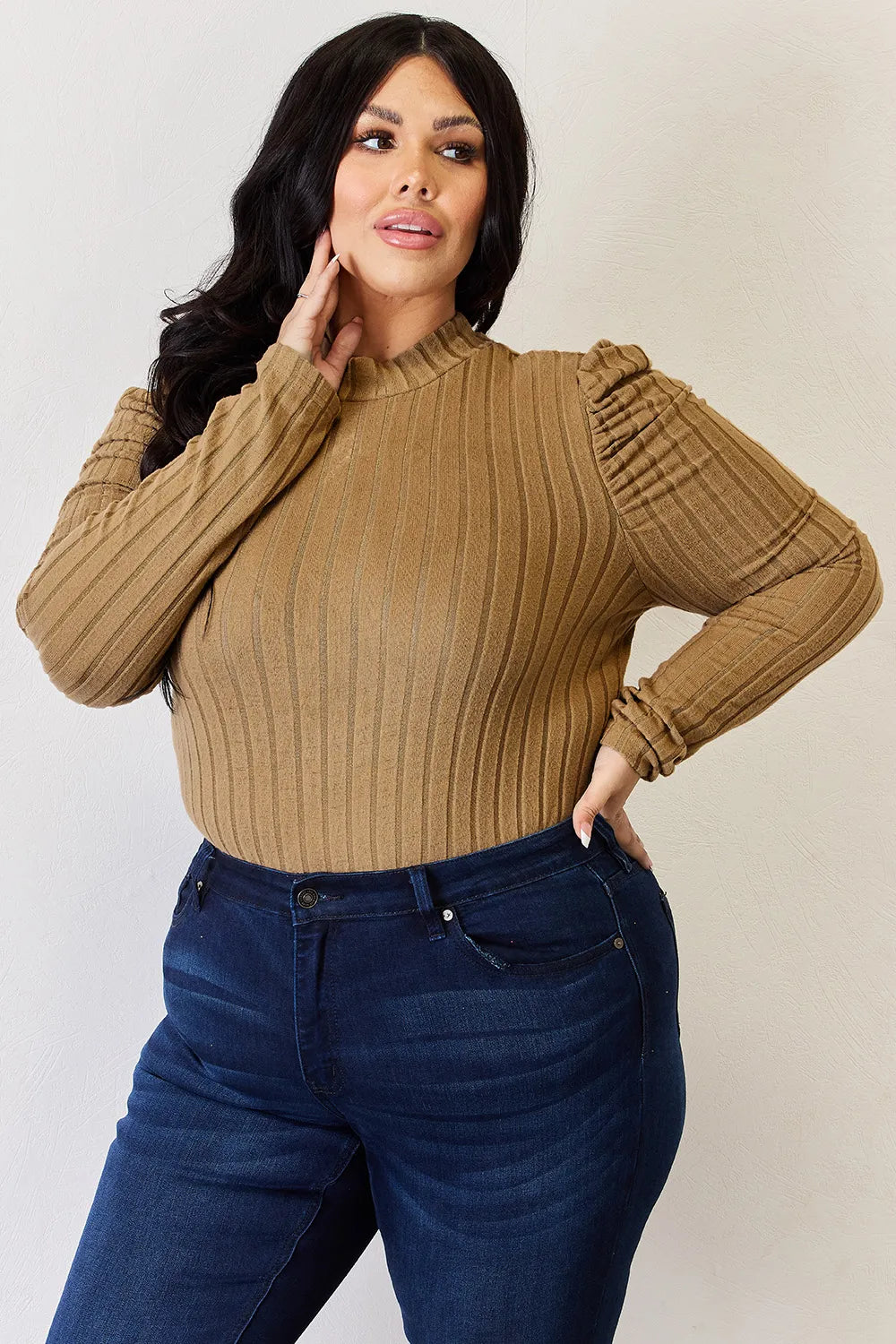 BASIC BAE RIBBED MOCK NECK PUFF SLEEVE T-SHIRT TOP