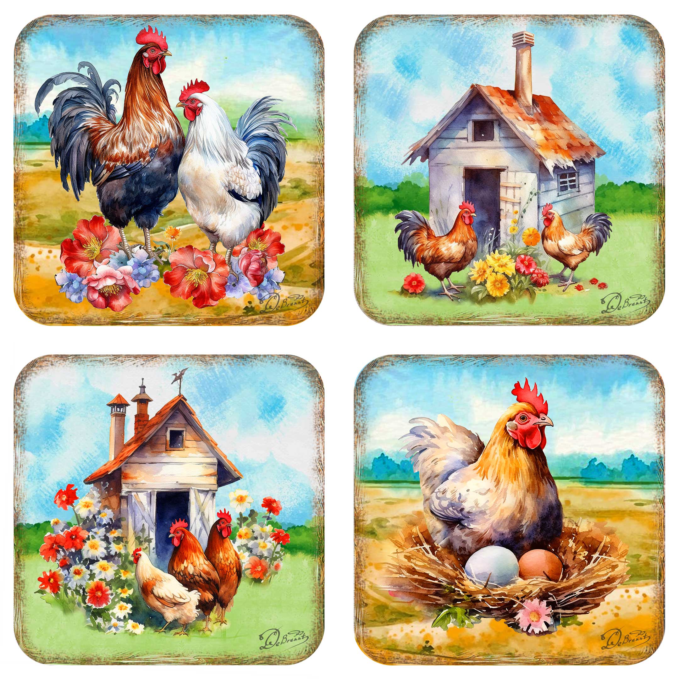 Spring on a Farm Wooden Cork Coasters Gift Set of 4 by G. Debrekht - Easter Spring Decor - 8199436C-S4 Coasters