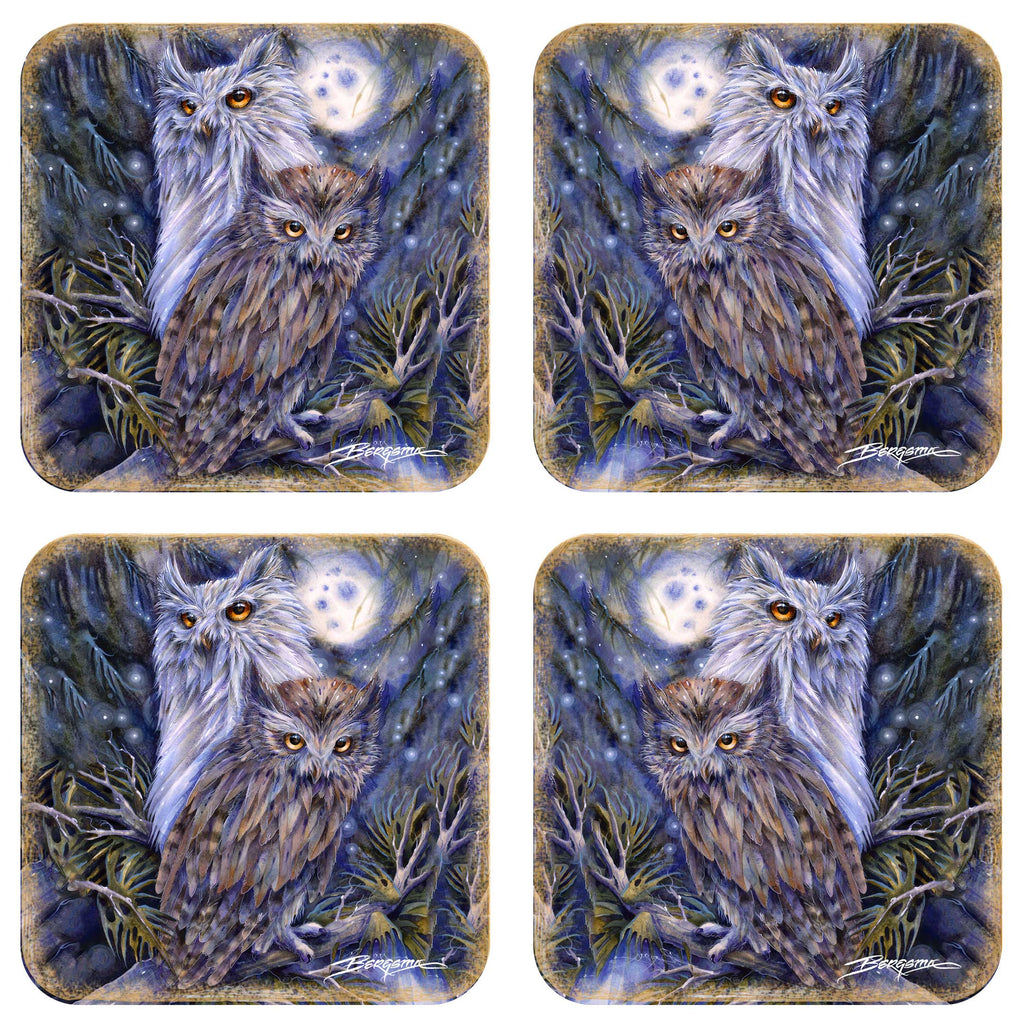 Night Watch Owls Wooden Cork Coasters Gift Set of 4 by J. Bergsma - Wildlife Decor - 8199465C-S4 Coasters