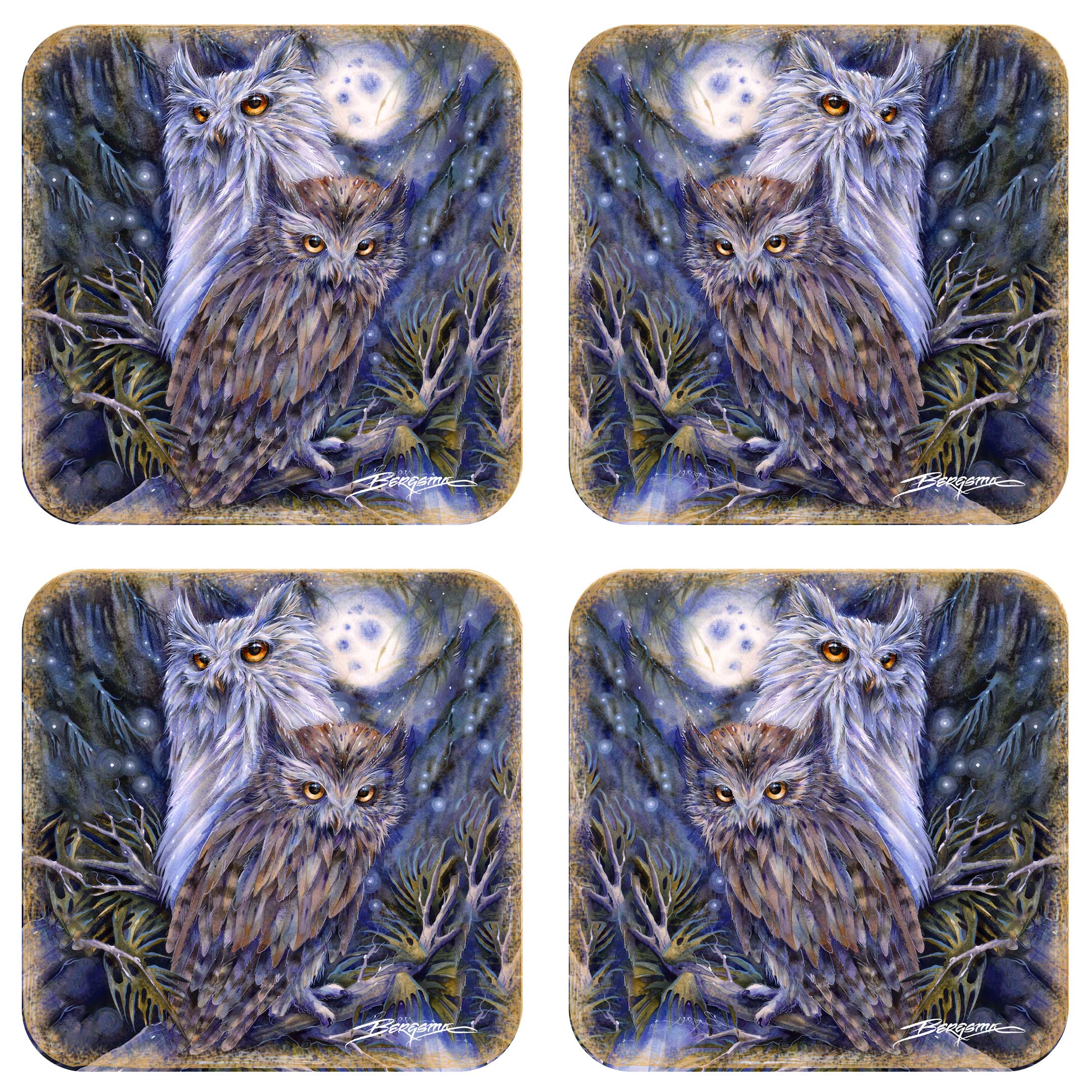 Night Watch Owls Wooden Cork Coasters Gift Set of 4 by J. Bergsma - Wildlife Decor - 8199465C-S4 Coasters