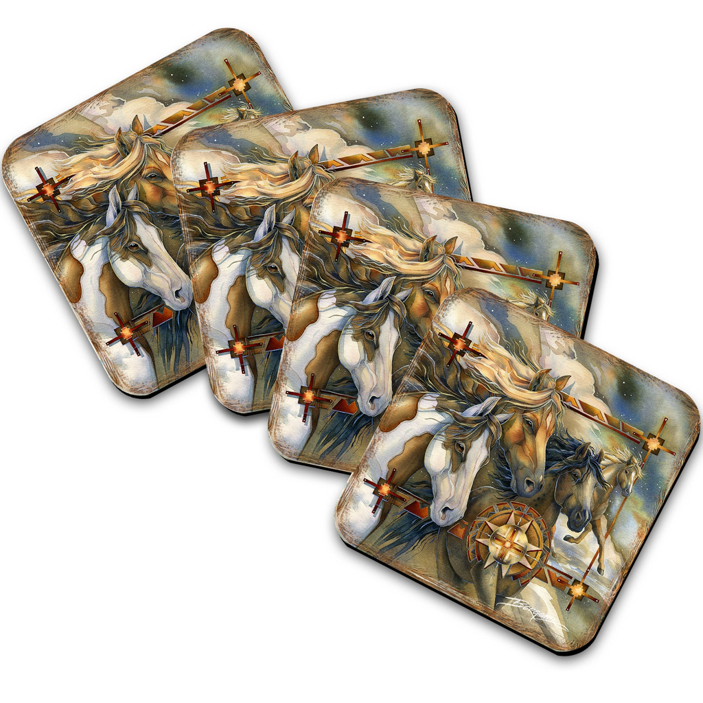 Wild Horses Wooden Cork Coasters Gift Set of 4 by J. Bergsma - Wildlife Décor - 8199474C-S4 Coasters