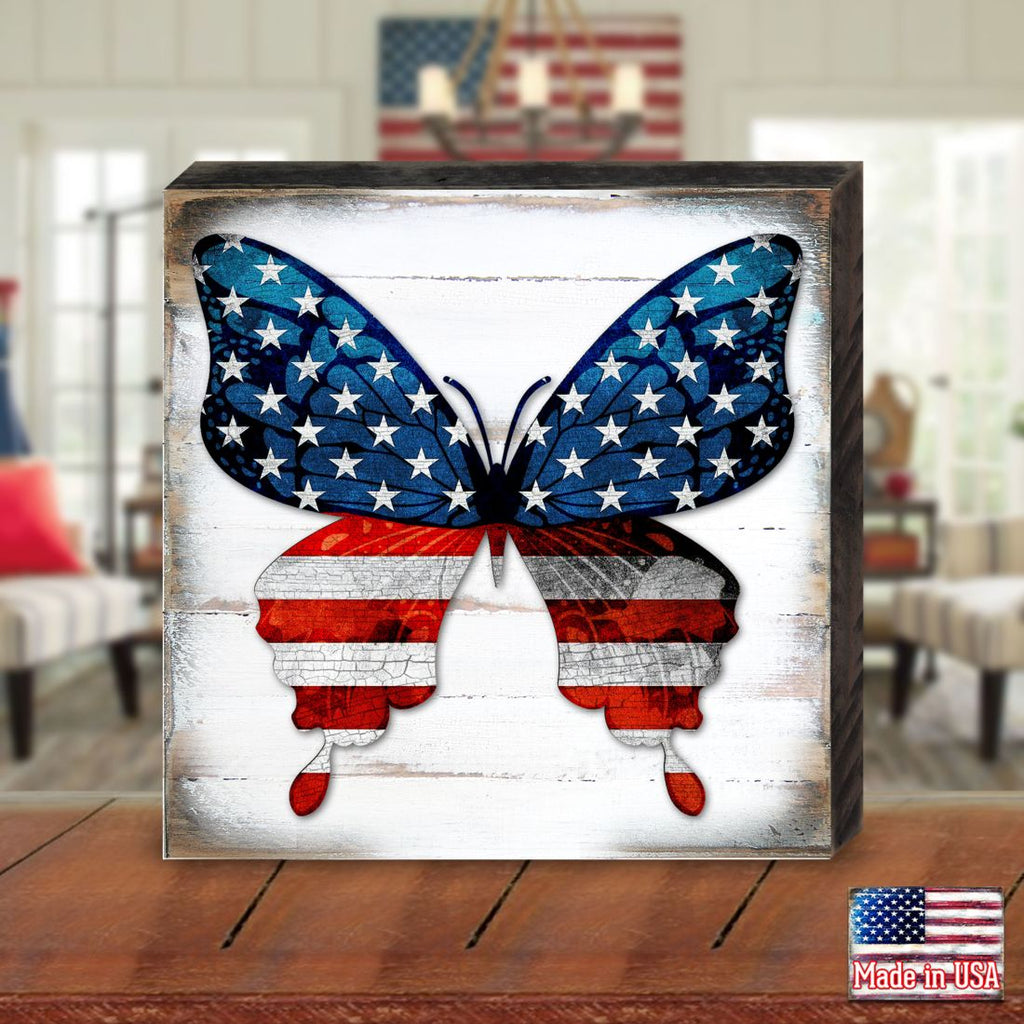 USA BUTTERFLY PATRIOTIC WALL BLOCK - AMERICAN PATRIOTIC DECOR Wall Art