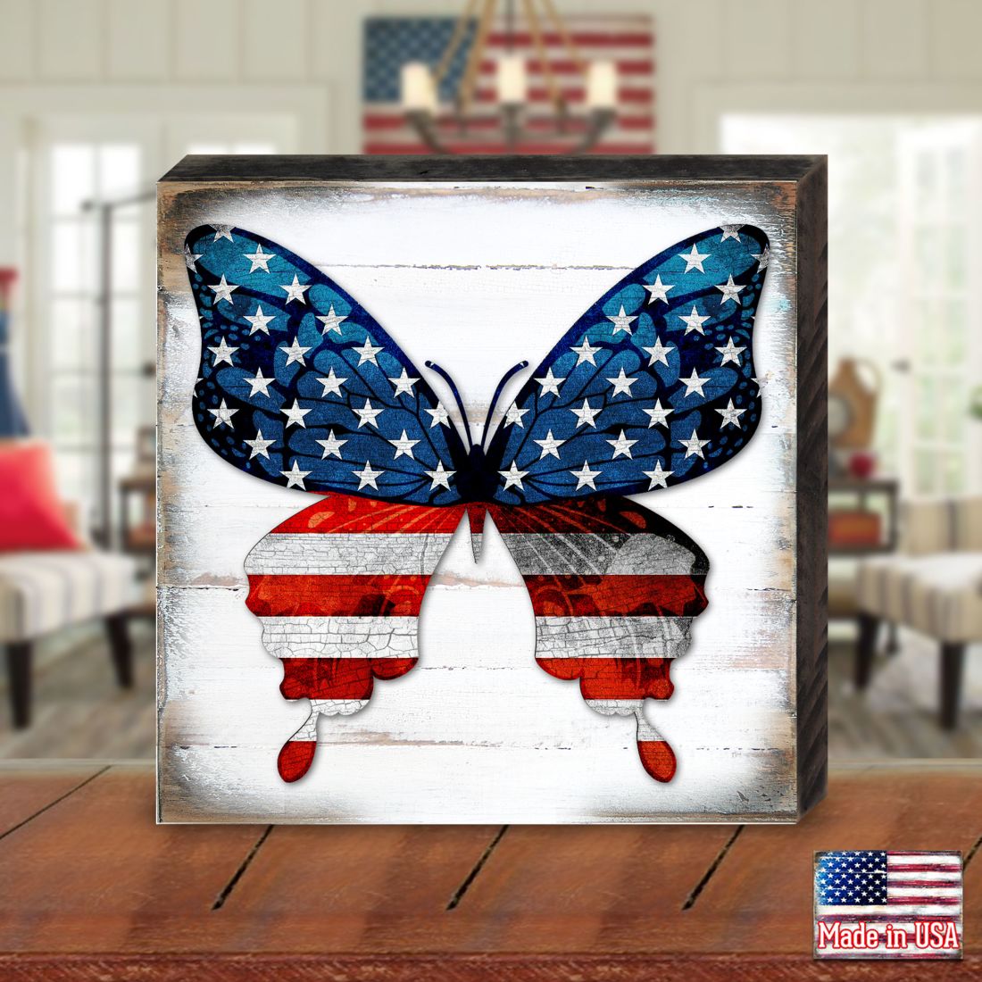 USA BUTTERFLY PATRIOTIC WALL BLOCK - AMERICAN PATRIOTIC DECOR Wall Art