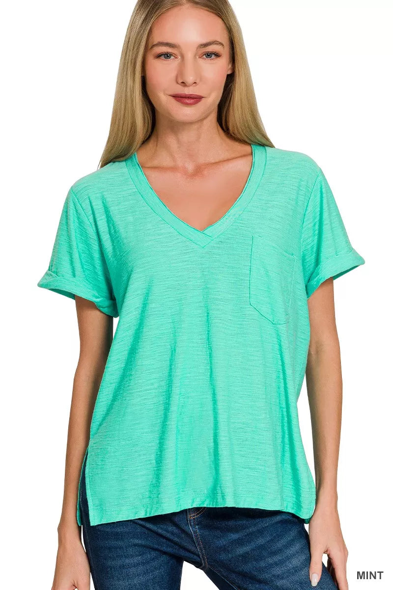 ZENANA SLUB ROLLED SHORT SLEEVE V-NECK TEE Tops