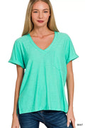ZENANA SLUB ROLLED SHORT SLEEVE V-NECK TEE Tops