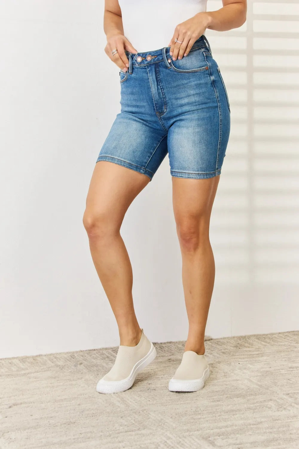 JUDY BLUE TUMMY CONTROL DOUBLE BUTTON BERMUDA DENIM SHORTS Judy Blue Denim