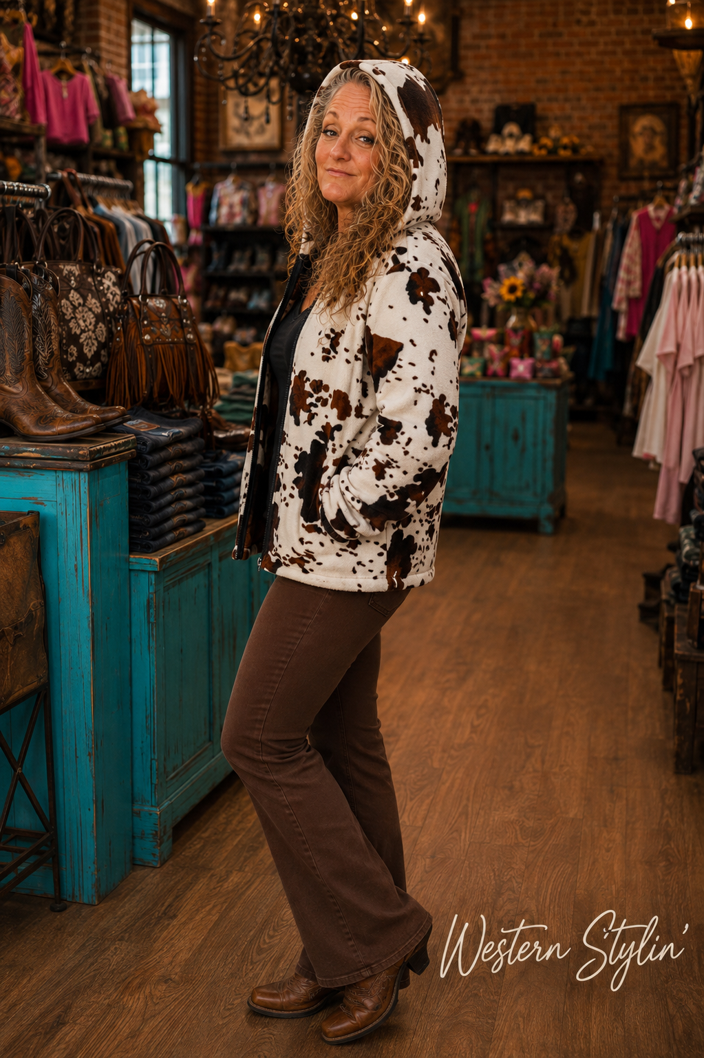RODEO SHERPA WESTERN ZIPPERED JACKETS IN COW PRINT JACKET