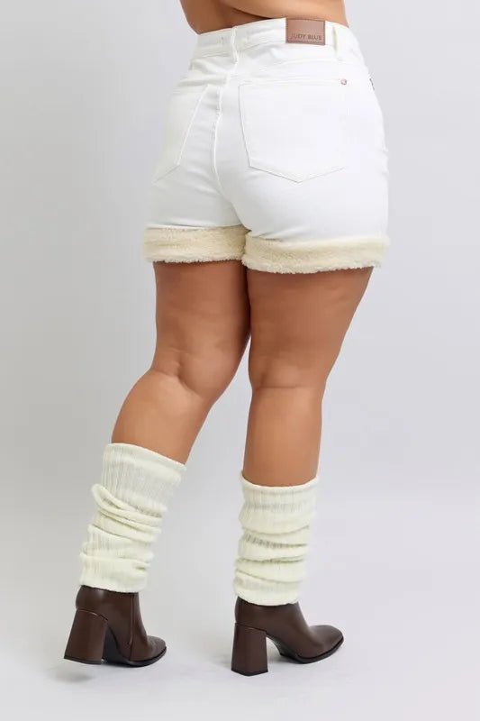 Judy Blue Full Size High Waist Shearling Cuff Denim Shorts Plus Size