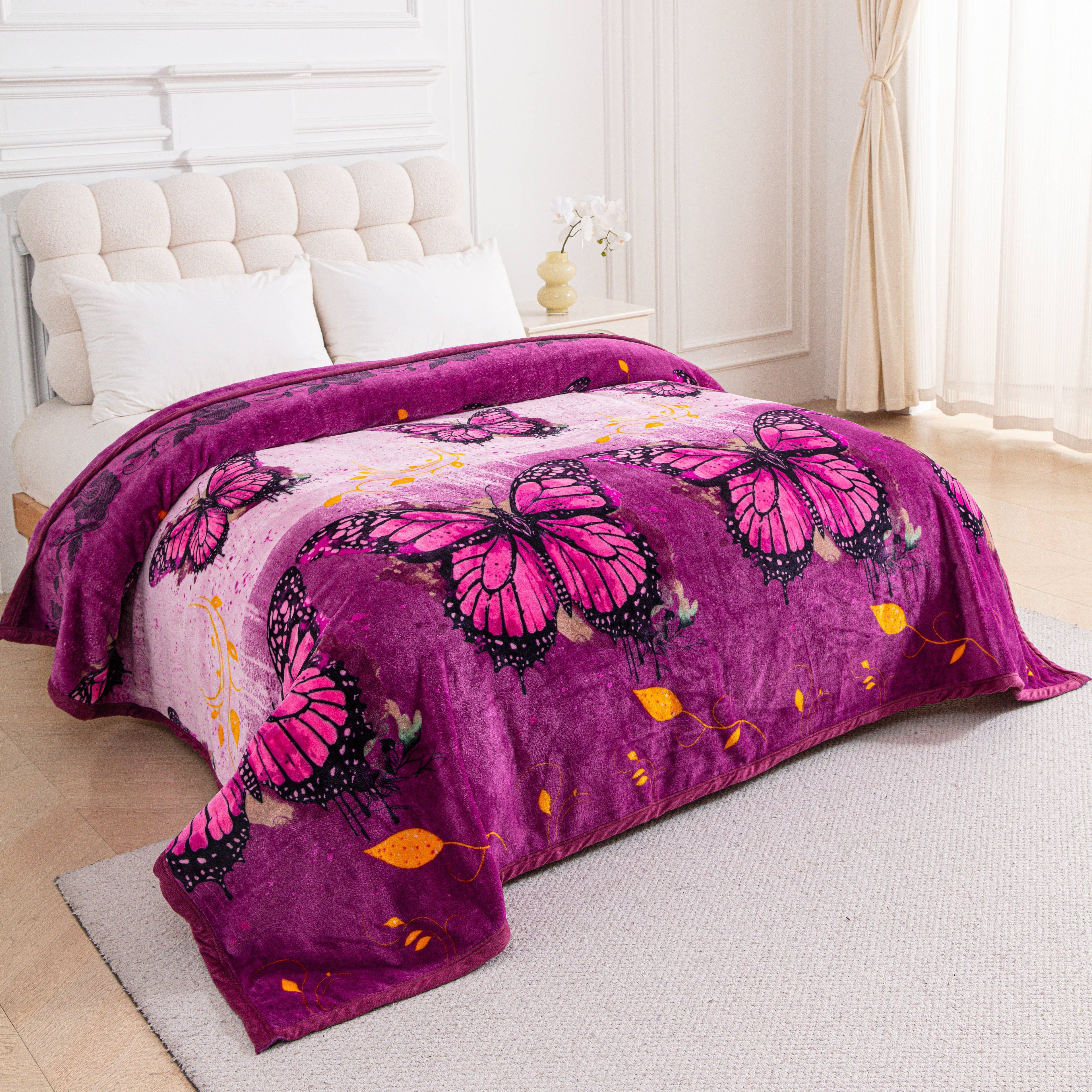 Purple Butterfly Floral King Size Super Soft Plush Blanket
