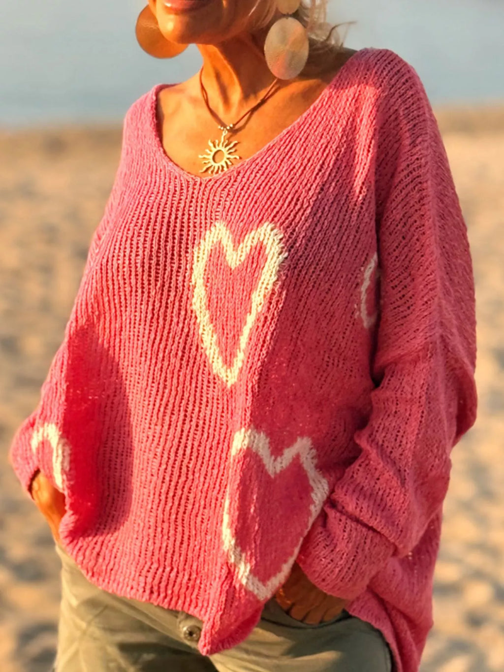 HEART V-NECK DROPPED SHOULDER SWEATER Sweaters