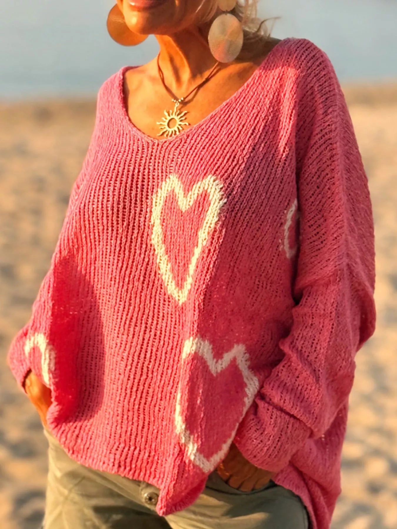 HEART V-NECK DROPPED SHOULDER SWEATER Sweaters