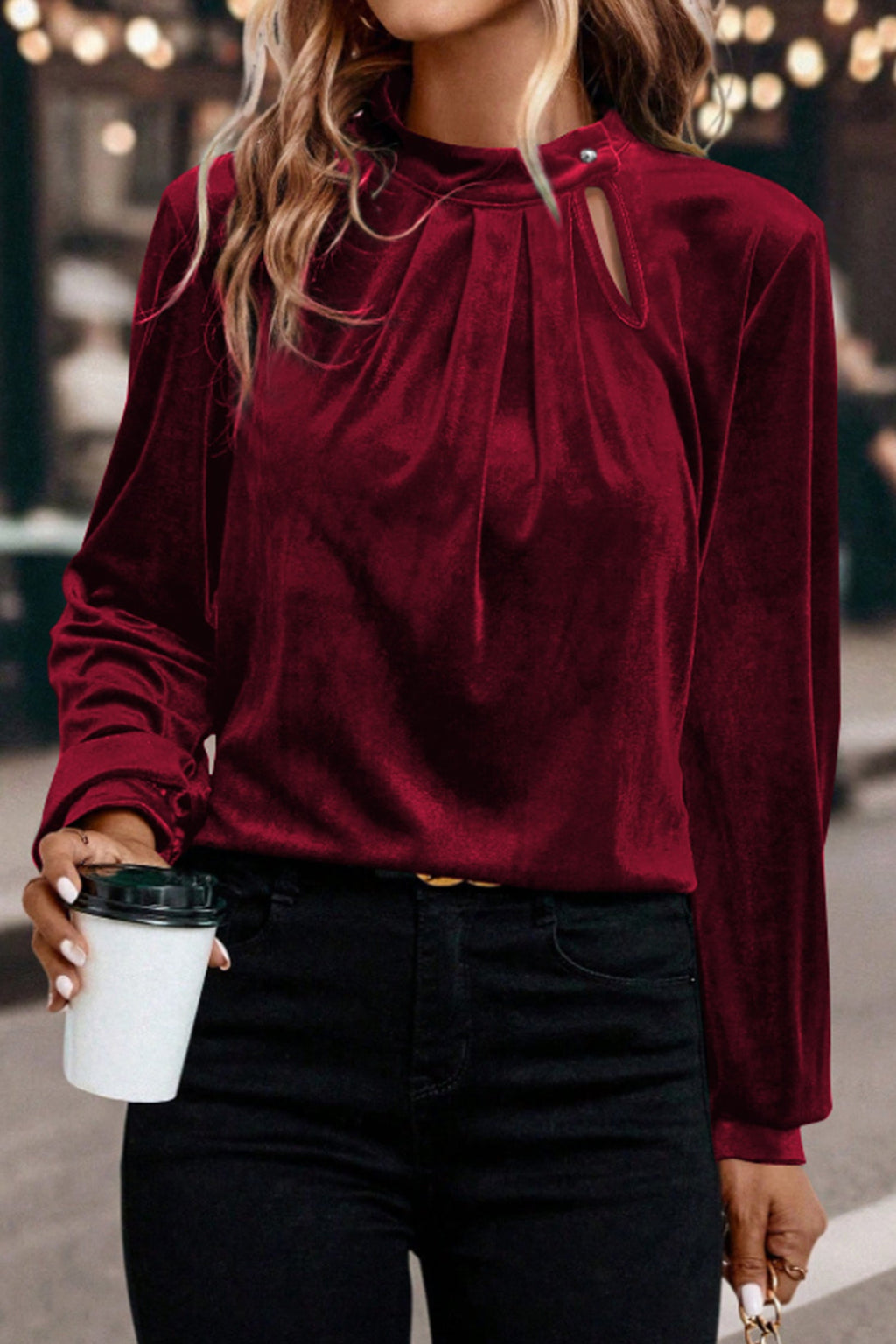 Red Dahlia Long Sleeve Velvet Blouse