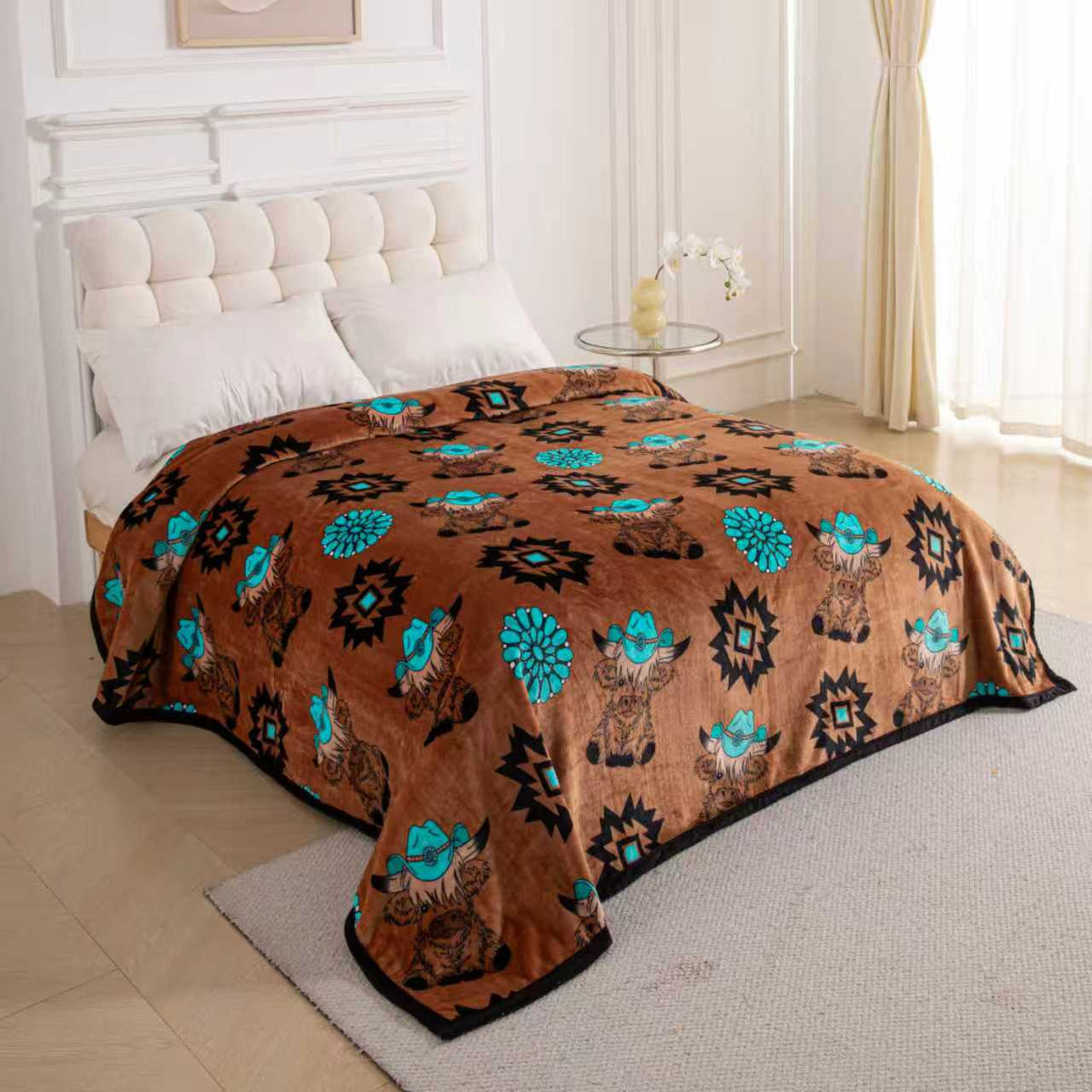 BROWN HIGHLAND HEIFER COW AND CONCHO KING SIZE BLANKET | SUPER PLUSH SOFTNESS Blanket