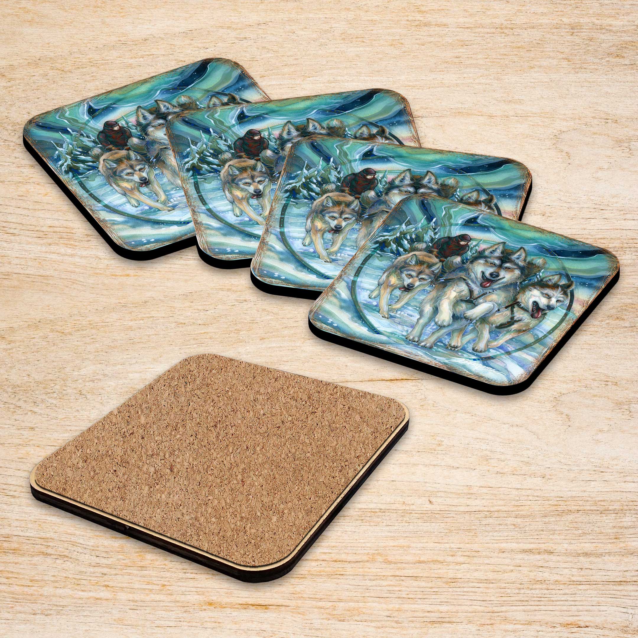 Northern Night Wooden Cork Coasters Gift Set of 4 by J. Bergsma - Wildlife Decor - 8199468C-S4 Coasters