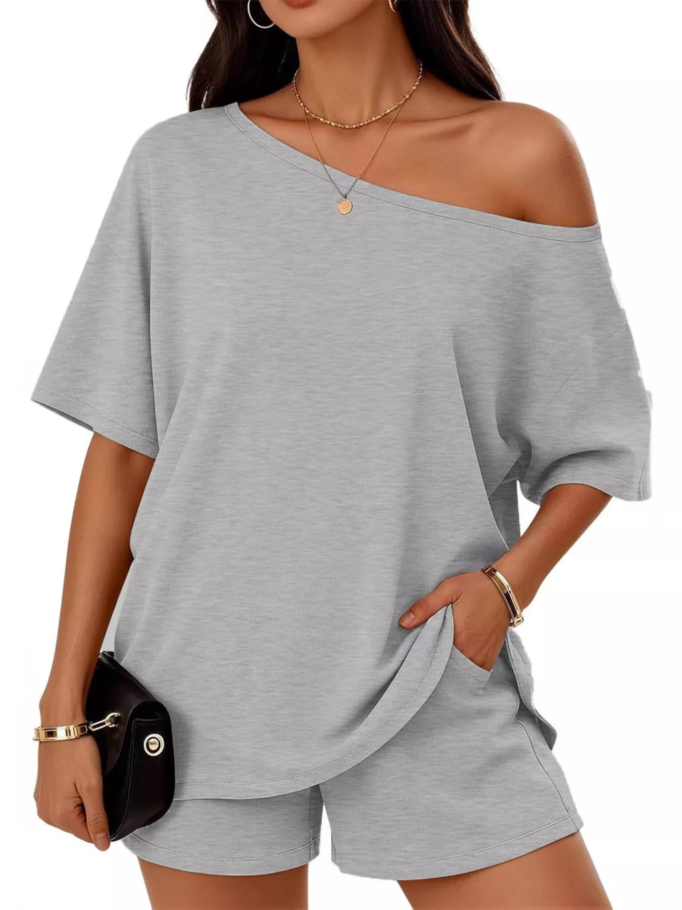 Full Size Boat Neck Tee and Shorts Set Plus Size