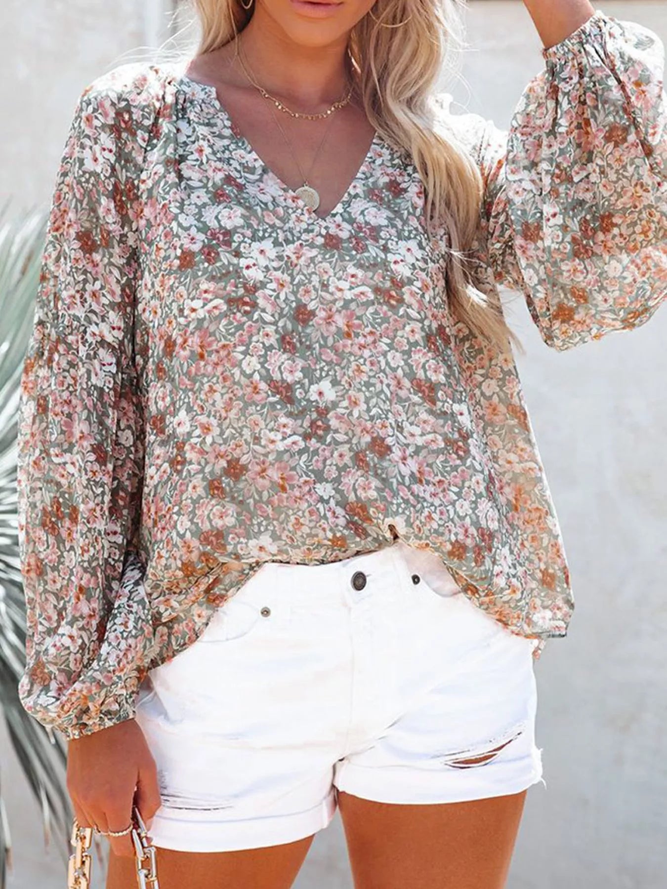 Full Size Floral Print V-Neck Long Sleeve Blouse Plus Size