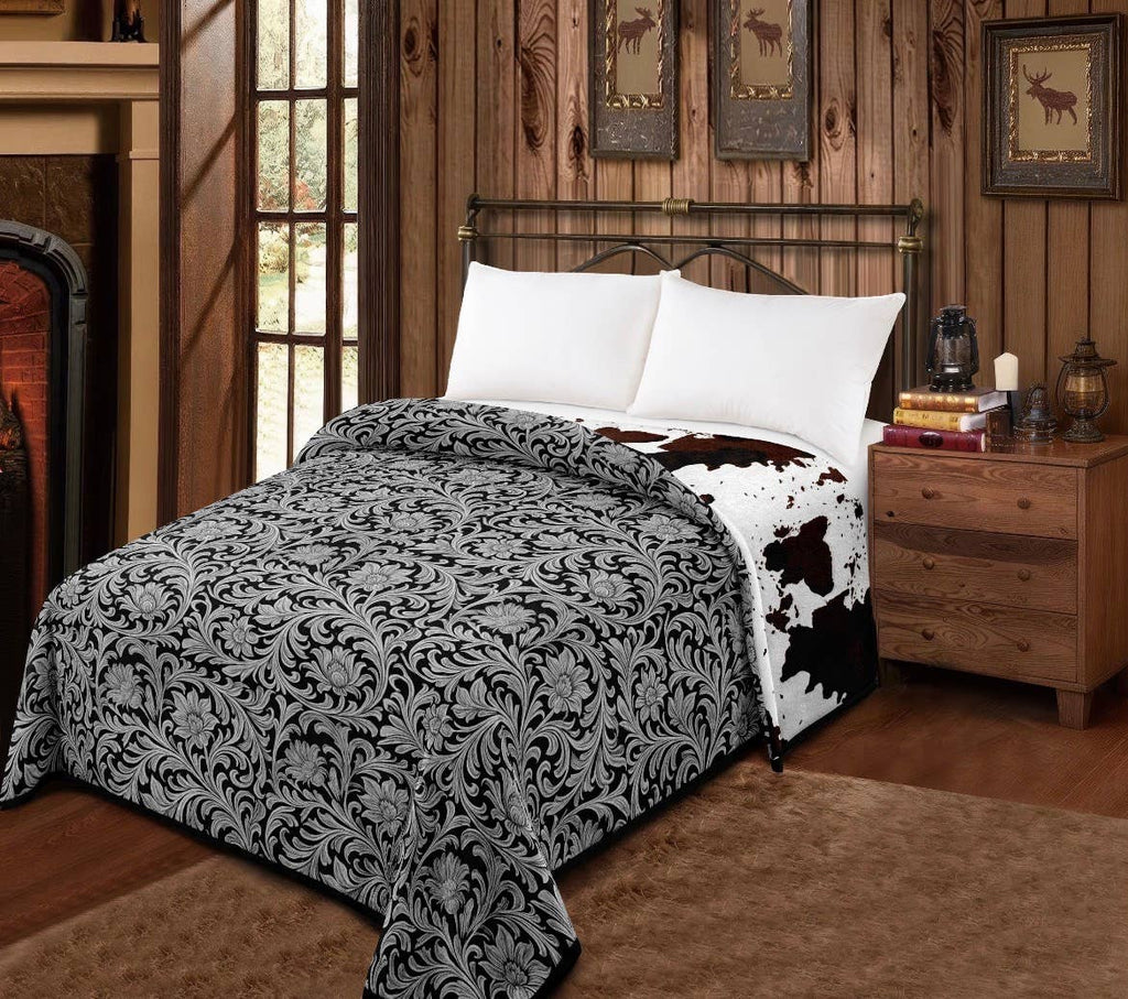 GREY FLORAL AND COWPRINT REVERSIBLE MIA BLANKET - KING SIZE Blanket